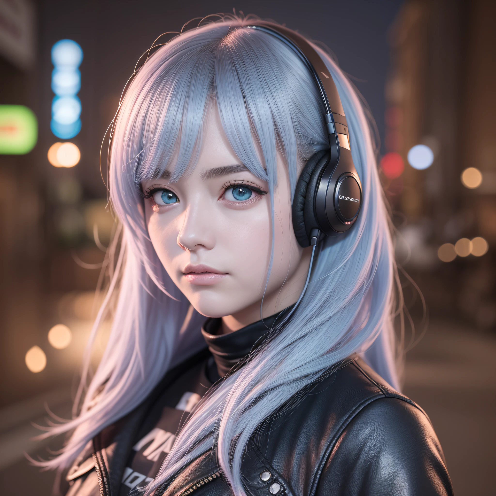 girl with headphones ,rainbow hair red eyes cyberpunk,8k extremely detailed, smooth, high resolution, ultra quality, highly detailed eyes, highly detailed mouth, highly detailed face, perfect eyes, both eyes are equal, true light, brightness, iridescent, global lighting, real hair movement, real light, real shadow, real face, hd, 2k, 4k, 8k, 16k, realistic light,  realistic shadow, bright eyes, fluorescent eyes, soft light, dream light,anime, 3d, japan, pixar, masterpiece, best quality, , portrait, night city with one at lamborghin background