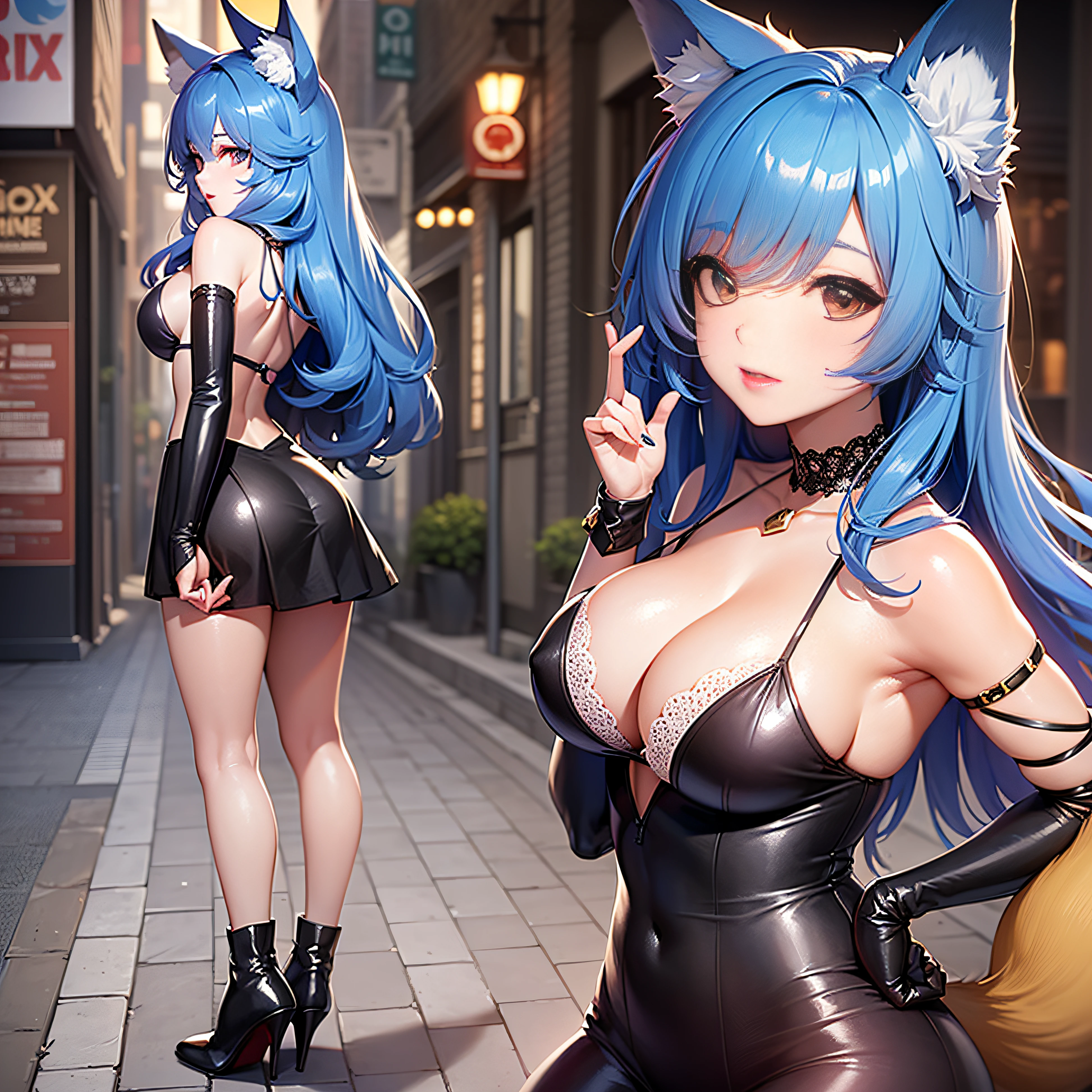 ((Blue-haired woman with fox ears, brown almond eyes, reddish lips)), high-heeled shoes, ((same character, front, side, back)), (anime style), (webtoon anime style drawing))