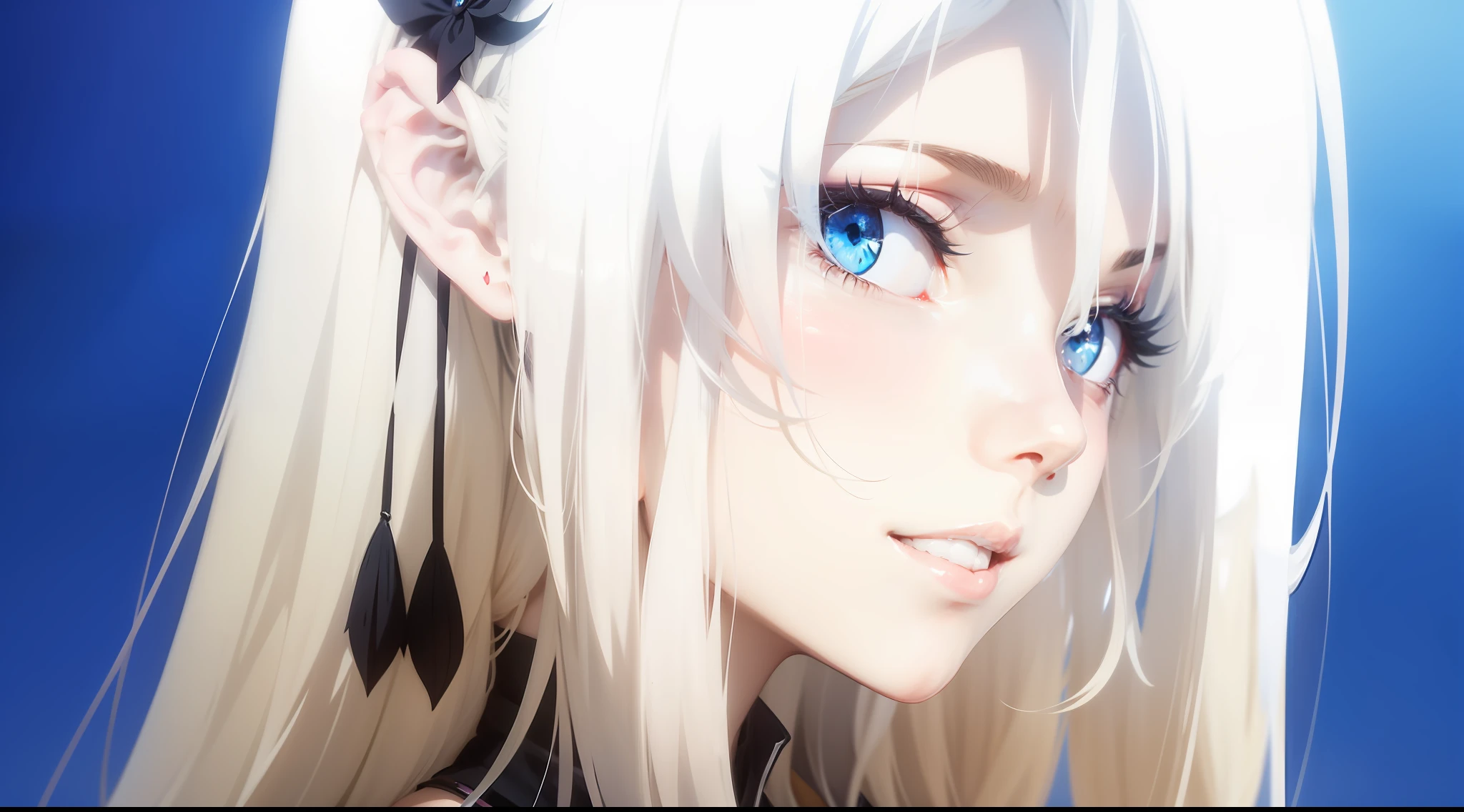 anime, a woman with long white hair and a black cape, anime goddess, female anime character, goth maiden anime girl, blonde anime girl with long hair, anime girl wearing a black dress, best anime girl, white-haired deity, seductive anime girl, best anime character design, in anime movie,  anime look of a cute girl, anime girl with long hair, matte paint, blue eyes, smile