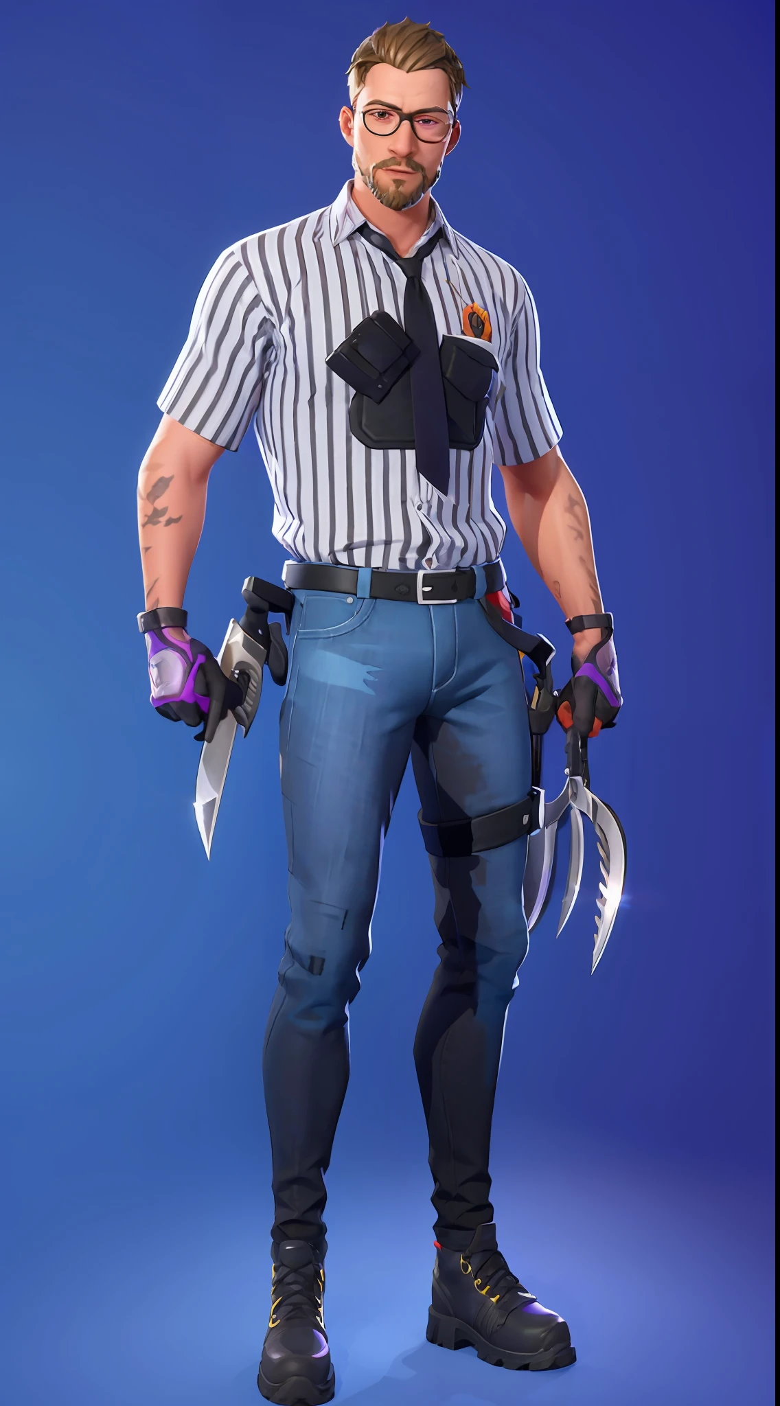 Matthew Lillard, old, hair, white, beard, white, eyeglasses, shirt, light brown, thin stripes, black, tie, black, pants, jeans, black, shoe, social, brown, shirt sleeve raised, knife in hand (cycles render:1.3), caustic, purple background, purple background, (bright:0.56), (artstation:0.81), unreal engine, fortnite