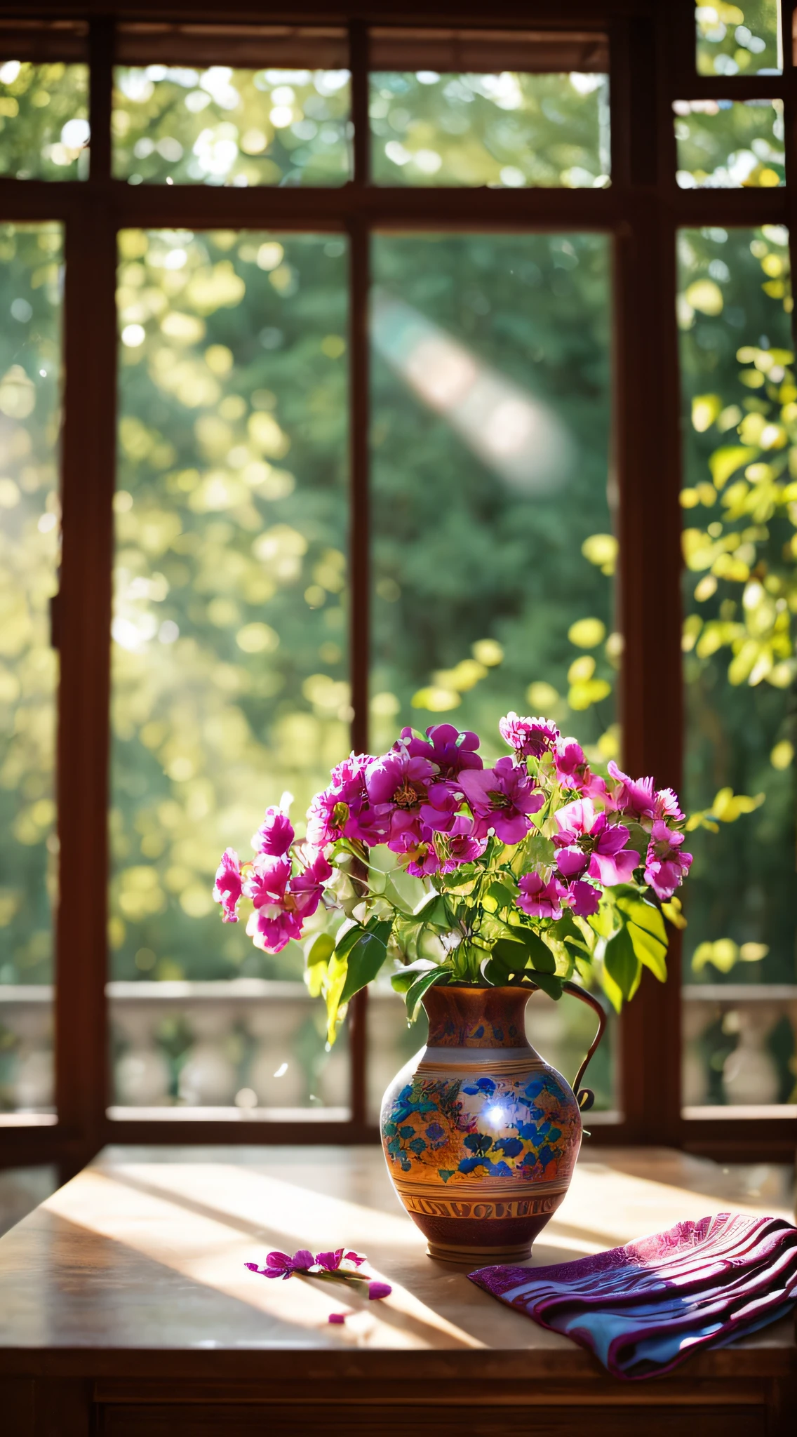 tableclothes, Amazing flowers in classical boroque vase, 1 girl beautiful smile, sun rays window, depht-of-field, bokeh, (frontlighting:1.2), (backlighting:0.75), (fill light:0.9), bloom, chromatic aberration, (lens flare:1.2),