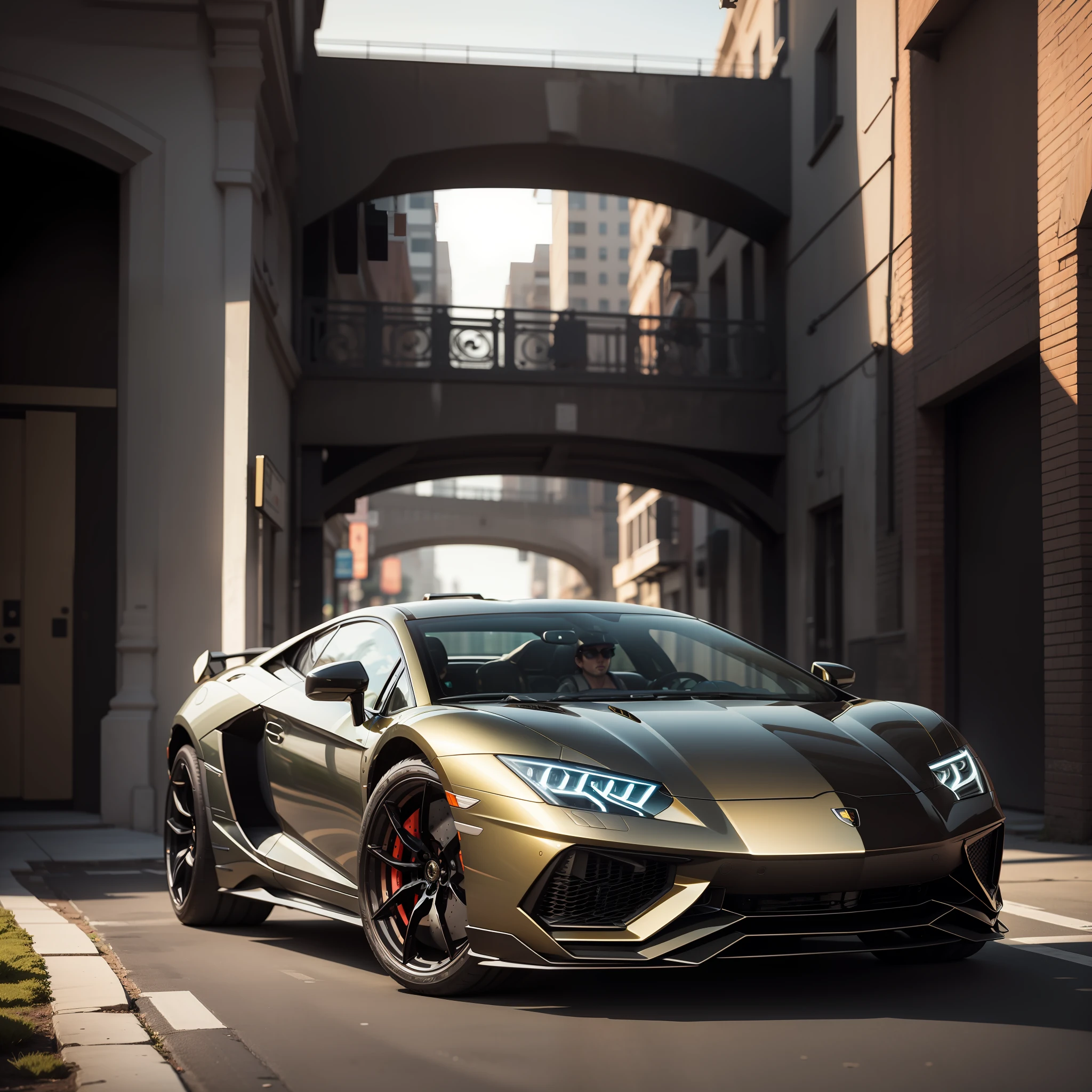 Lamborghine in black color, neon details gold black car, ray tracing, 8k.