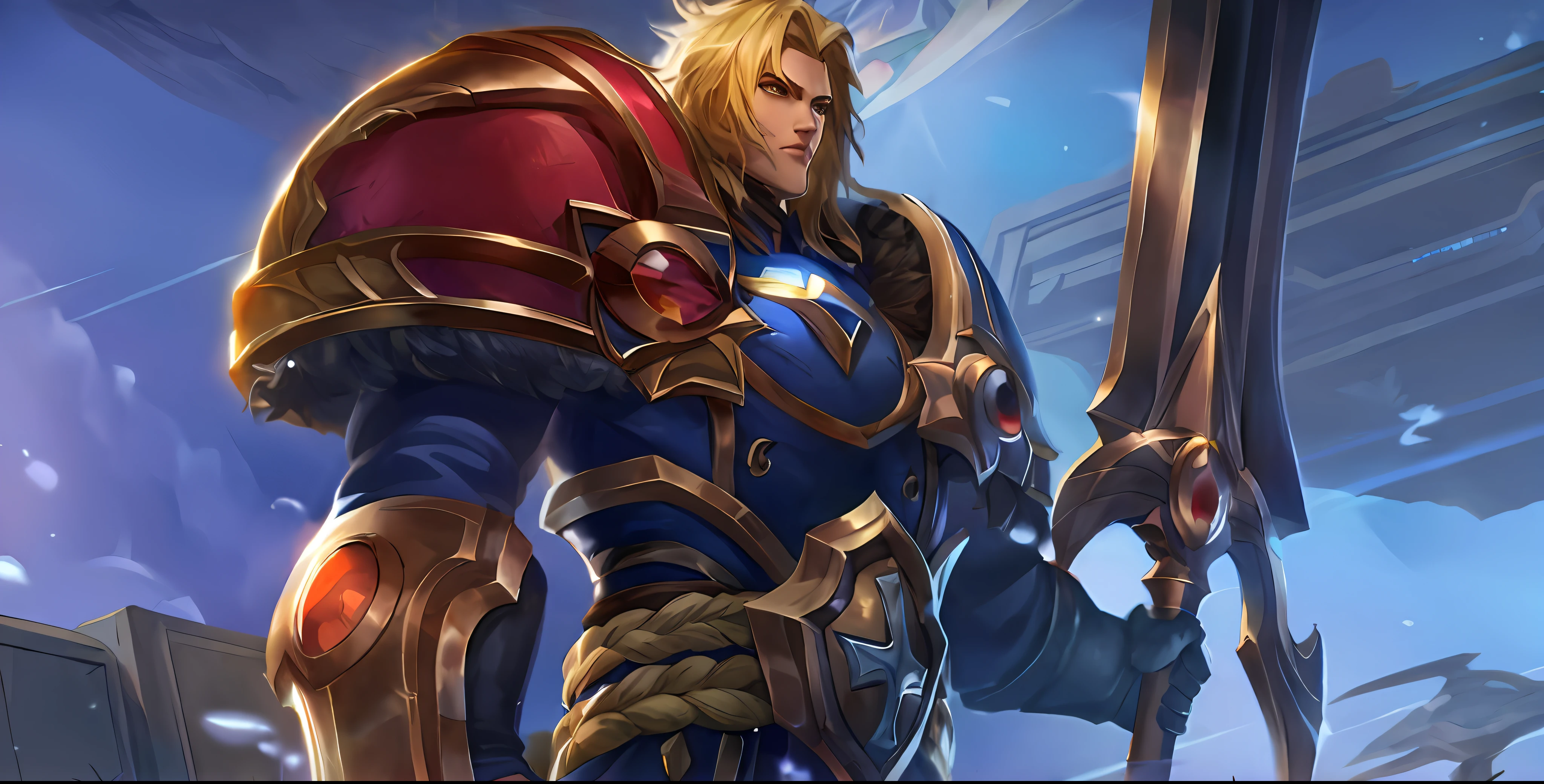 Um close up de um homem com uma espada e armadura, Heroes of the Storm Splash Art, Official Splash Art, Heroes of the Storm, Ezreal (League of Legends, 8K HD Wallpaperjpeg Artifact, 8K HD Wallpaperjpeg Artifact, Sylas, Gilgamesh, League of Legends person, Mobile Legends, Arvalis, ultra realista, 4k