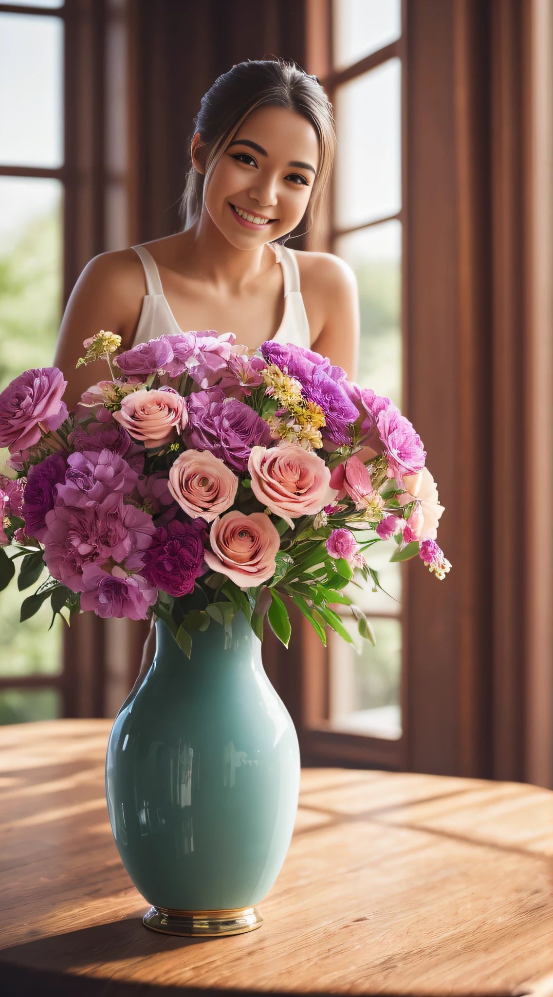 tableclothes, Amazing flowers in classical boroque vase, 1 girl beautiful smile, sun rays window, depht-of-field, bokeh, (frontlighting:1.2), (backlighting:0.75), (fill light:0.9), bloom, chromatic aberration, (lens flare:1.2),