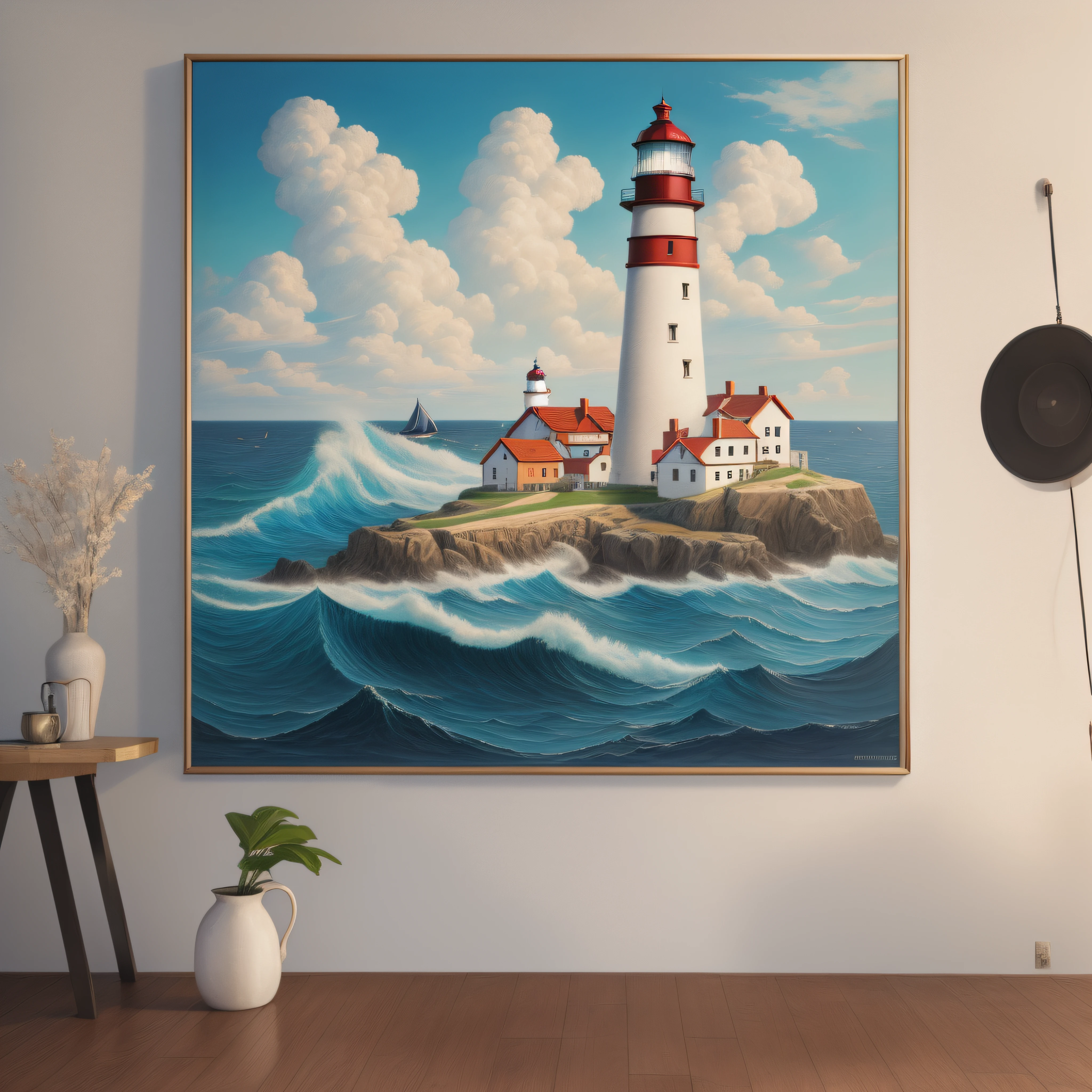 photorealistic, high resolution, oil painting in the interior, one lighthouse, breeze, one sailboat, abstraction, marine theme, symbols of sailors, in the foreground a white board with an inscription, painting in the interior