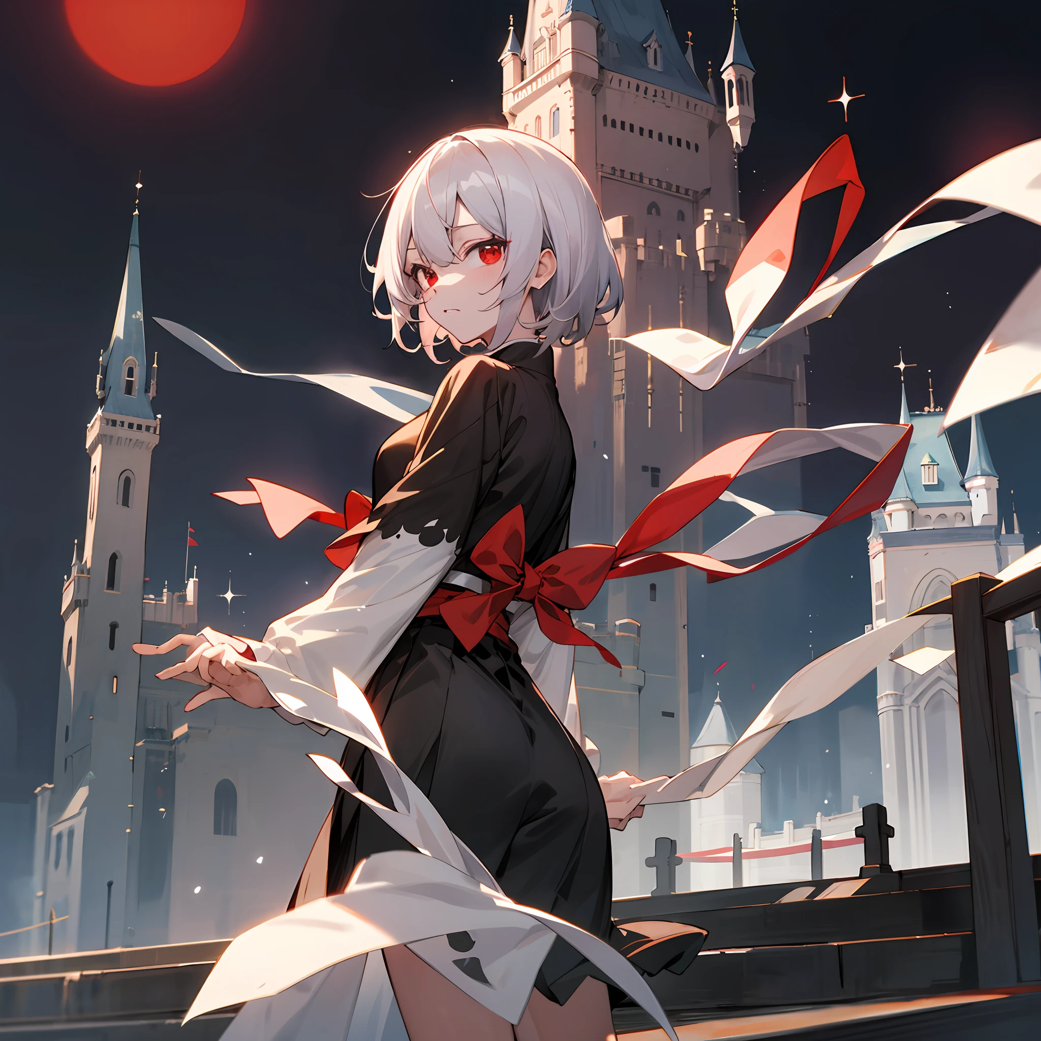 Kaedehara kazuha, in front of a castle, kazuha, white hair, red eye,