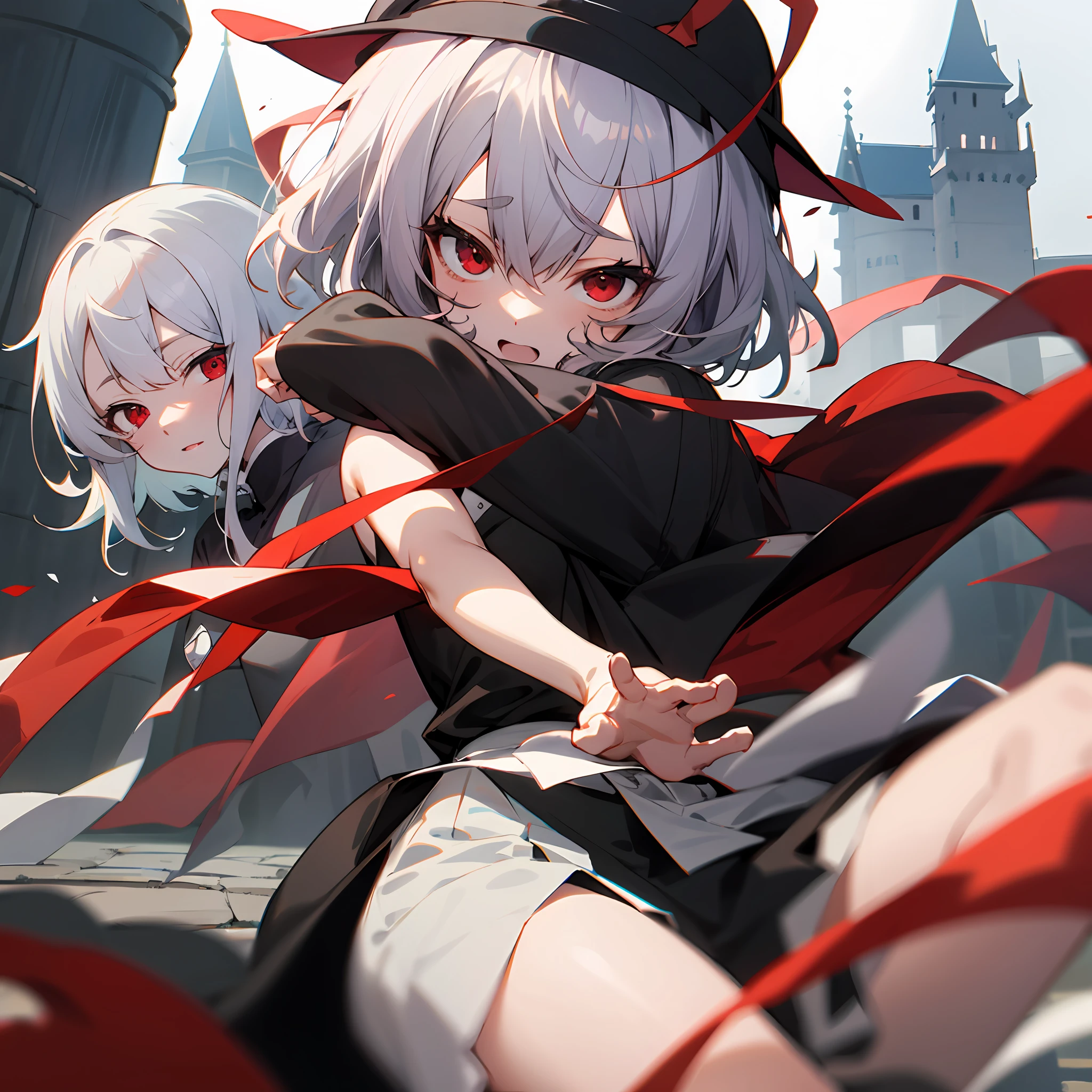 Kaedehara kazuha, in front of a castle, kazuha, white hair, red eye,