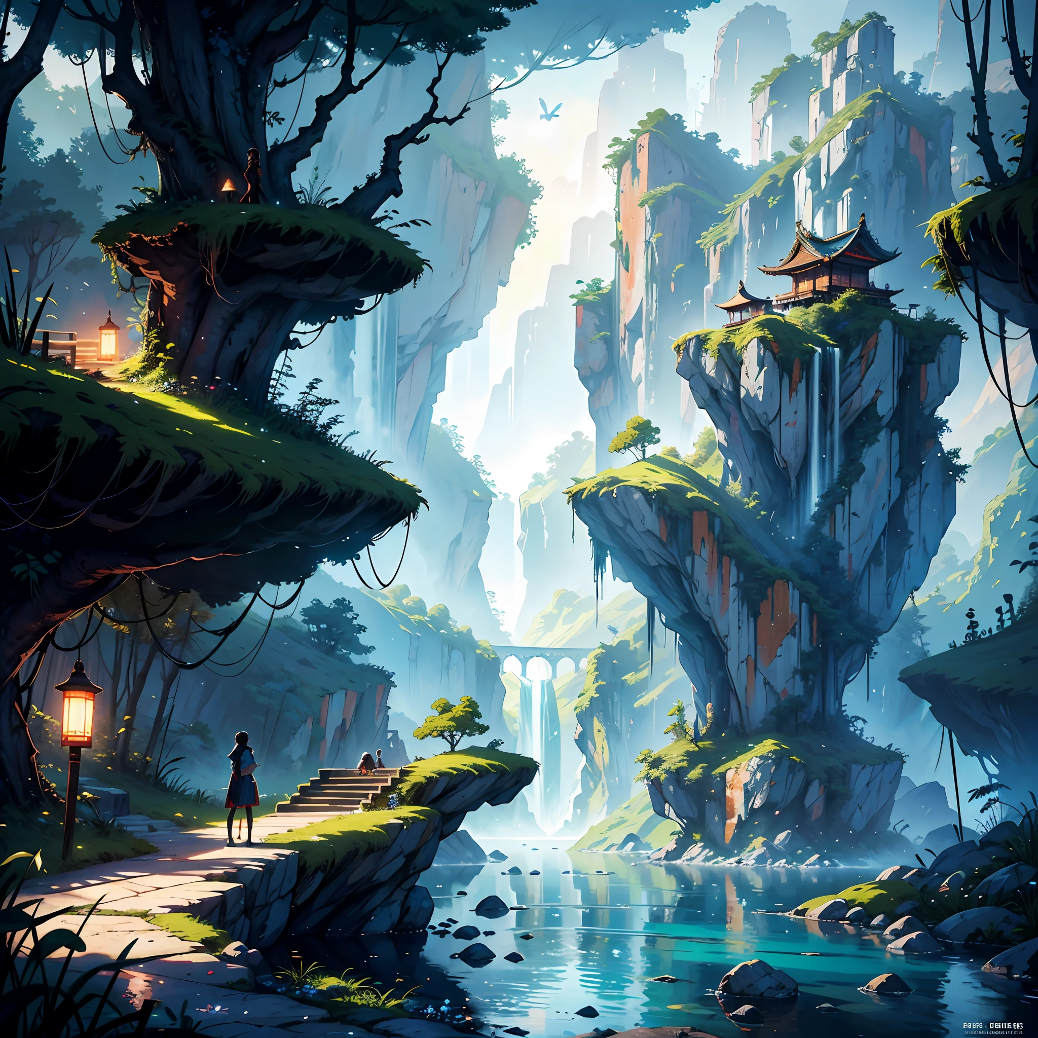 Chinese ancient times, spring, jungle, lake, cave, waterfall, tree, meadow, rock, deer, hot spring, water vapor, 1 girl looking at the scene, (illustration: 1.0), epic composition, realistic lighting,Detailed,Realistic,4k highly detailed digital art,octane render, bioluminescent, BREAK 8K resolution concept art, realism,by Mappa studios,masterpiece,best quality,official art,illustration,ligne claire,(cool_color),vibrant color,perfect composition,absurdres, fantasy,focused,rule of thirds,
