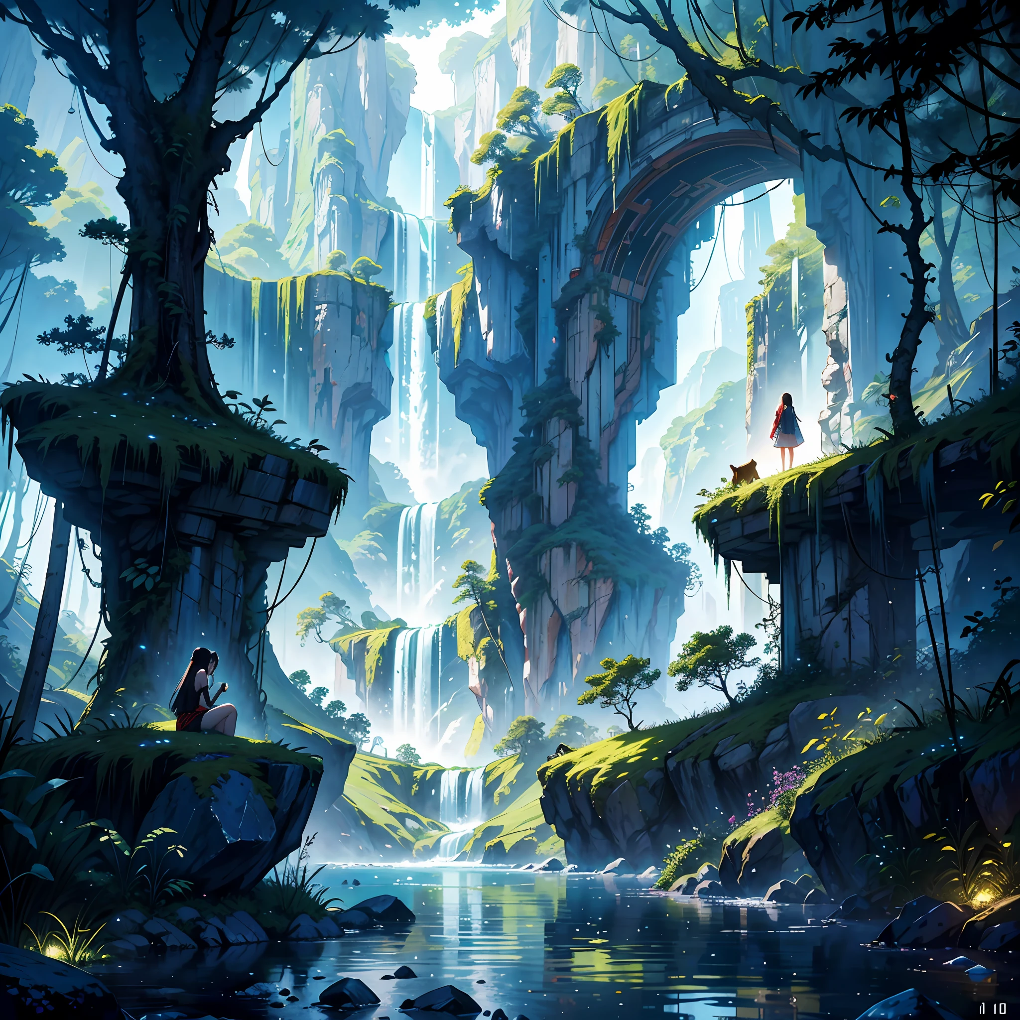 Chinese ancient times, spring, jungle, lake, cave, waterfall, tree, meadow, rock, deer, hot spring, water vapor, 1 girl looking at the scene, (illustration: 1.0), epic composition, realistic lighting,Detailed,Realistic,4k highly detailed digital art,octane render, bioluminescent, BREAK 8K resolution concept art, realism,by Mappa studios,masterpiece,best quality,official art,illustration,ligne claire,(cool_color),vibrant color,perfect composition,absurdres, fantasy,focused,rule of thirds,