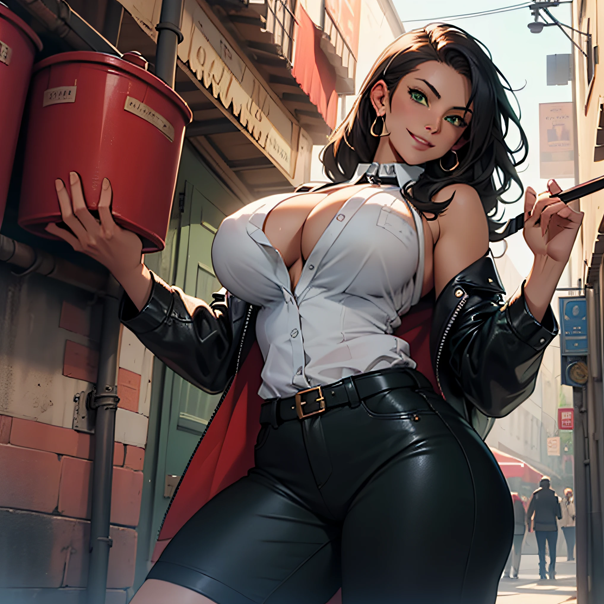 ((best quality, masterpiece)), beautiful woman, leather neckline, dominatrix, black hair, huge breasts, dark green eyes, mischievous smile, standing with whip in hand