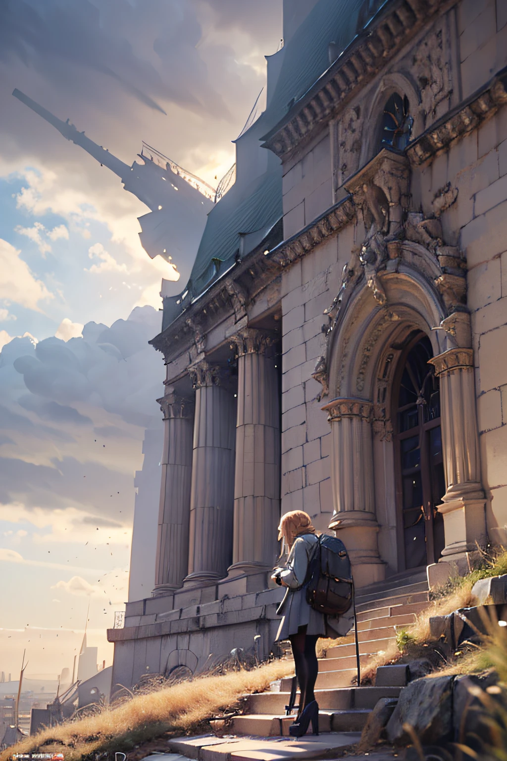 a highly detailed matte painting of a woman on a hill watching a giant monster, by makoto shinkai, by artgerm, by wlop, by greg rutkowski, volumetric lighting, octane render, 4k resolution, trending on artstation, masterpiece, highly detailed, long blond hair, backpack, large headphones, pantyhose, high heeled boots