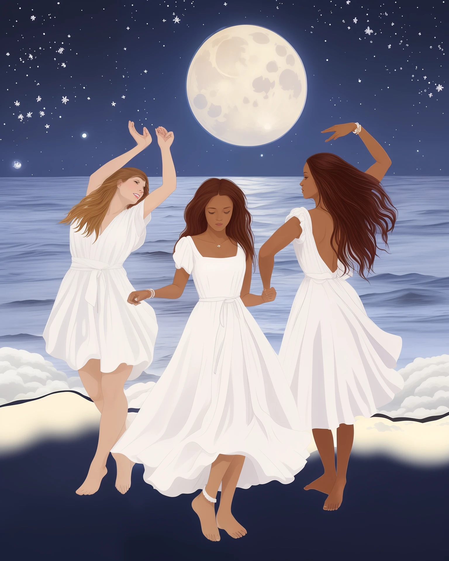 three women in white dresses dancing on the beach at night, dancing on the beach, flowing white robes, triad of muses, wearing white cloths, dressed in white robes, in the moonlight, dancing with each other, inspired by Pierre Puvis de Chavannes, angels in white gauze dresses, ☁🌪🌙👩🏾, the moonlit dance of the fae