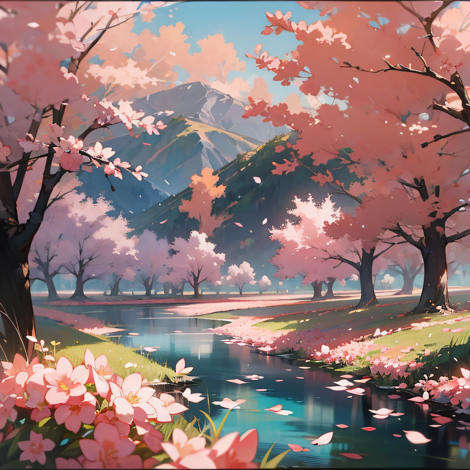 Peach blossom petals two-dimensional pure landscape flat flat painting