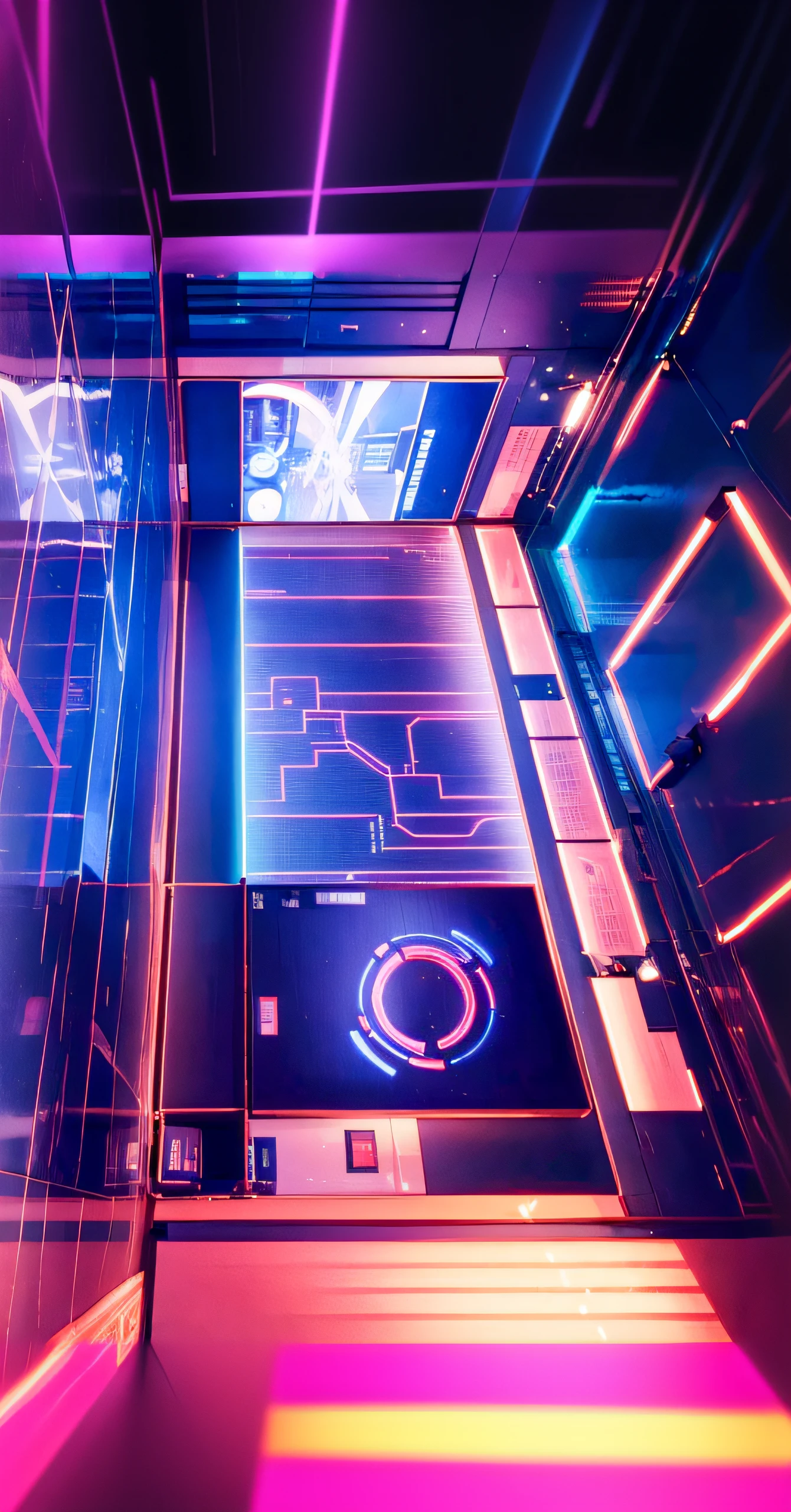there is a neon lit room with a television and a large screen, cyberpunk with neon lighting, cyberpunk aesthetics, cyberpunk neon lights, cyberpunk aesthetic, cyberpunk futuristic neon, futuristic neon, cyber neon lightings, cyber neon lights, cyberpunk nightclub, dark cyberpunk neon atmosphere, dreamy colorful cyberpunk colors, mechanical features and neon, cyberpunk lighting, cyberpunk vibrant colors, cyber neon lighting