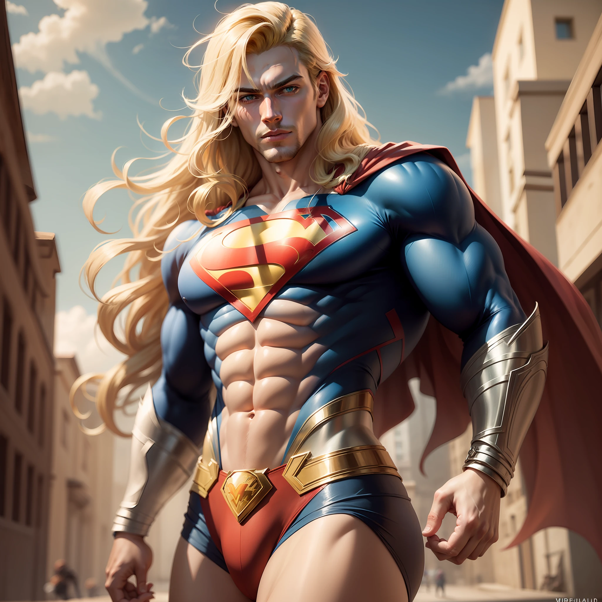 Blond long hair Handsome superman . Muy detallado.