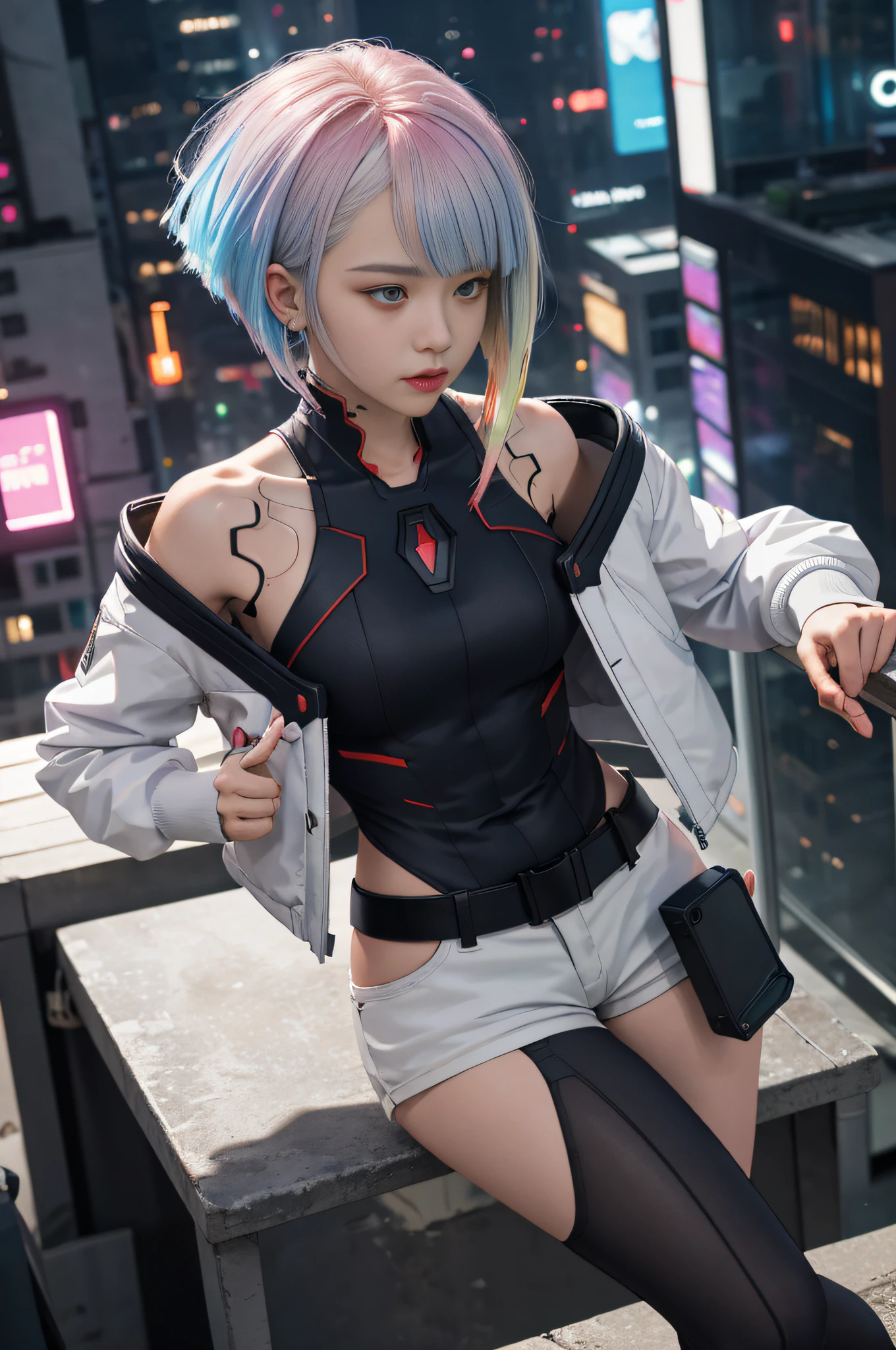 Masterpiece, best quality, high resolution, lu1, cyborg, multicolored hair, makeup, bare shoulders, black tights, high-leg tights, (tong:1.1), white jacket, open jacket, belt, white shorts, canon lens, cyberpunk, hair ruffling, hands holding tech gun to fire battle, top-down view