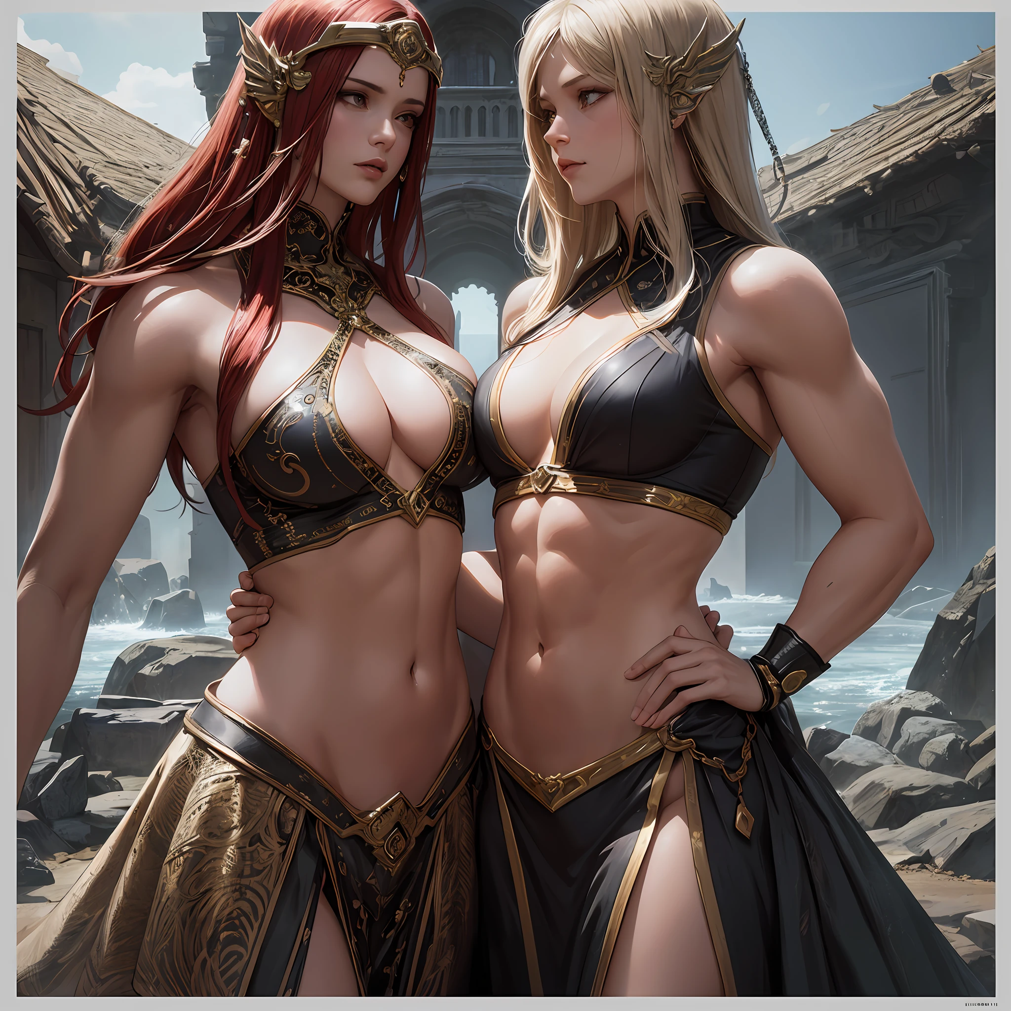 genuinely create a realistic digital photograph of two girls, a blonde posing next to each brunette, robot, mechanic, android, goddess of war, Greek goddess, Ginger style, Michelangelo art, dark theme, perfect human anatomy, bodybuilder, fit body, whole body, seductive, with many intrinsic and complex details, charming and seductive scene, long angle photo, 9:16 aspect ratio, cool and dark colors, low light, low brightness, high contrast, fixed and seductive gaze for the camera, clear eyes, sweet and detailed eyes, reinforced by the dramatic camera angle, capturing the captivating elegance of the character, insanely beautiful, upper body, muscular, large breasts, thin and defined abdomen, fantasy, intricate, elegant, highly detailed, digital painting, art station, concept art, smooth, sharp focus, full body, shot with 8k resolution, splash art, fantastic comic book style, realistic photo, intense visual, depth of field, splash art, artgerm art, art by greg rutkowski, art by viktoria gavrilenk, intricate seaweed dress Nori --auto