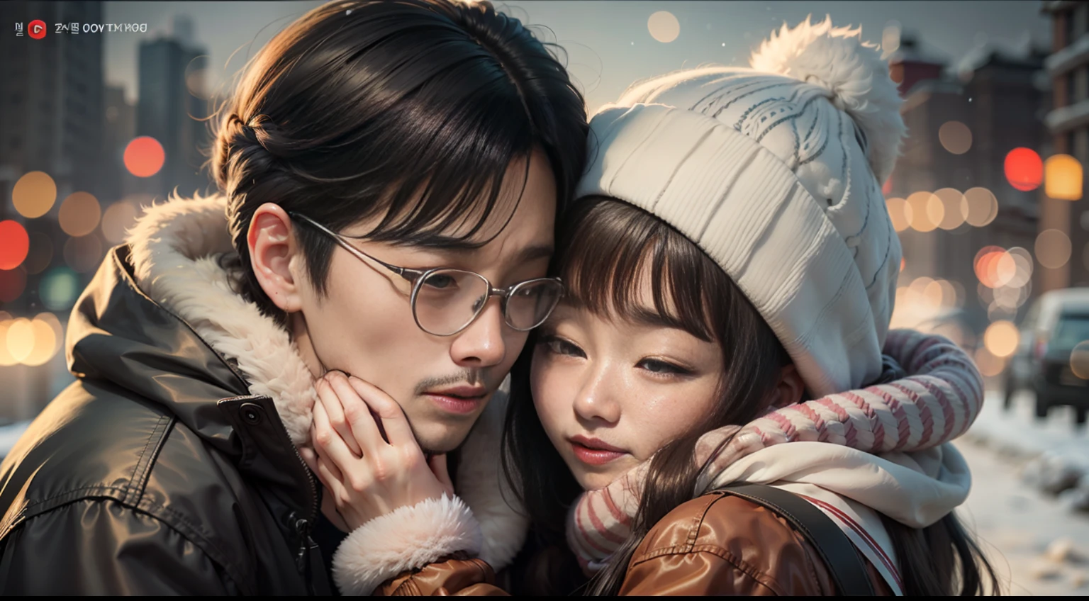 Korean couple hugging in winter