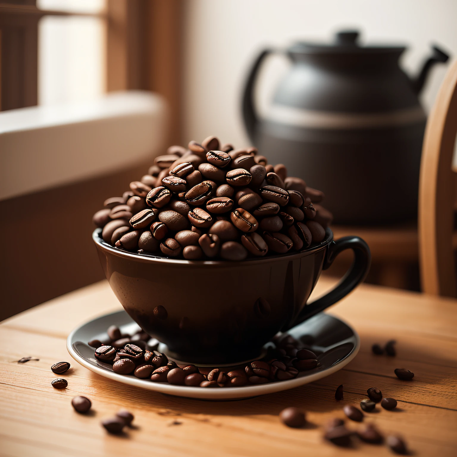 Generate an image with roasted coffee beans on top of a

 table