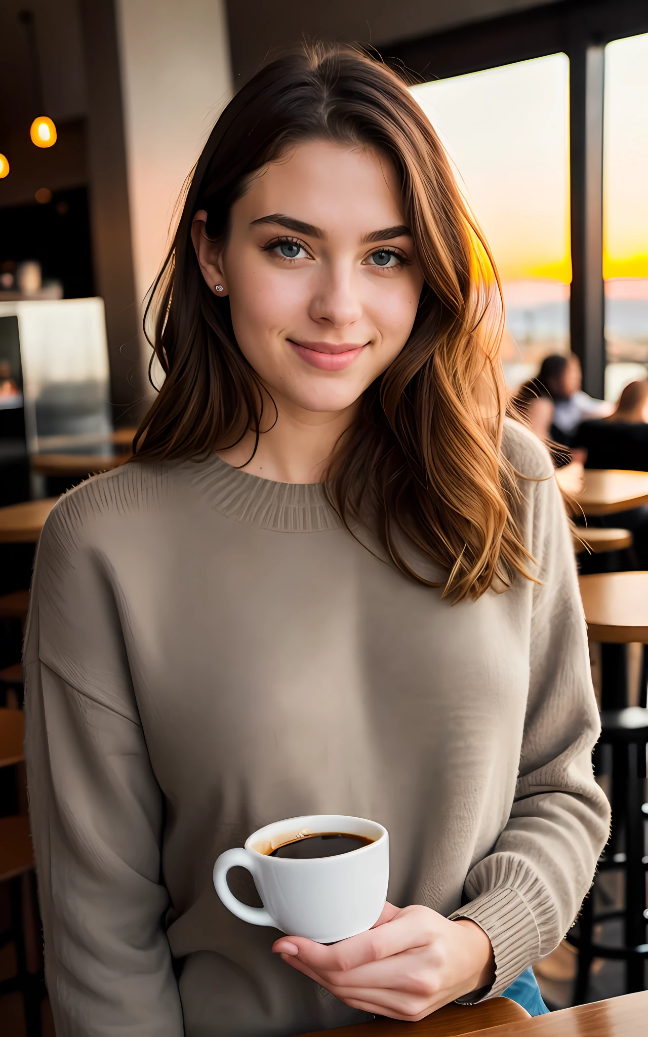 beautiful blonde wearing brown sweater (sipping coffee inside a modern café at sunset), very detailed, 21 years old, innocent face, natural wavy hair, blue eyes, high resolution, masterpiece, best quality, intricate details, highly detailed, sharp focus, detailed skin, realistic skin texture, texture, detailed eyes, professional, 4k, charming smile, shot on Canon, 85mm, shallow depth of field, kodak vision color, perfect fit body, extremely detailed, foto_\(ultra\), photorealistic, realistic, post-processing, maximum detail, roughness, real life, ultra realistic, photorealism, photography, 8k uhd, photography