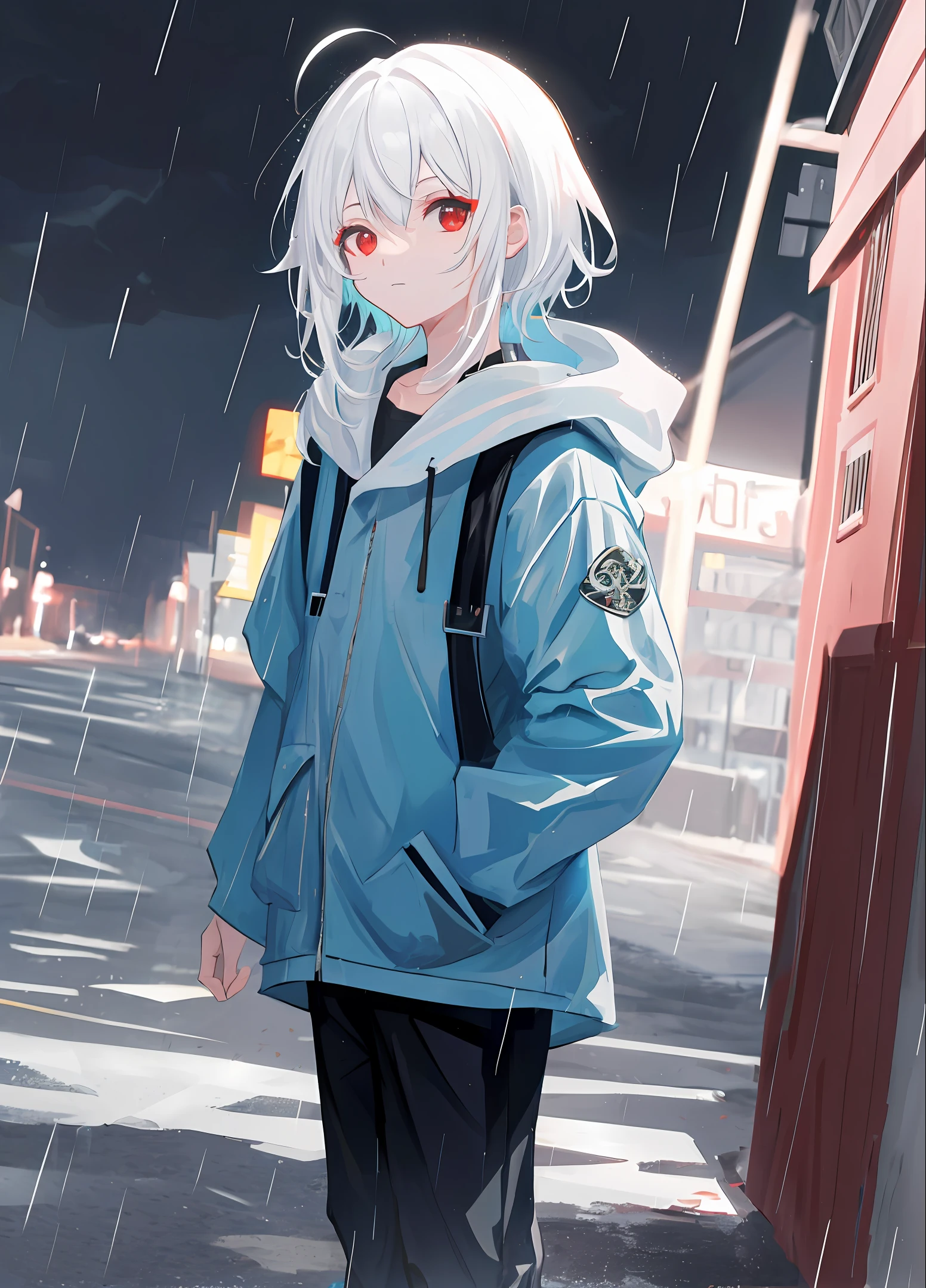 Boy, anime, red eyes, white hair, rimuru, rimuru, rimuru tempest, bright eyes, standing in the rain, 4 k, 8 k, white hair, ((white hair)),