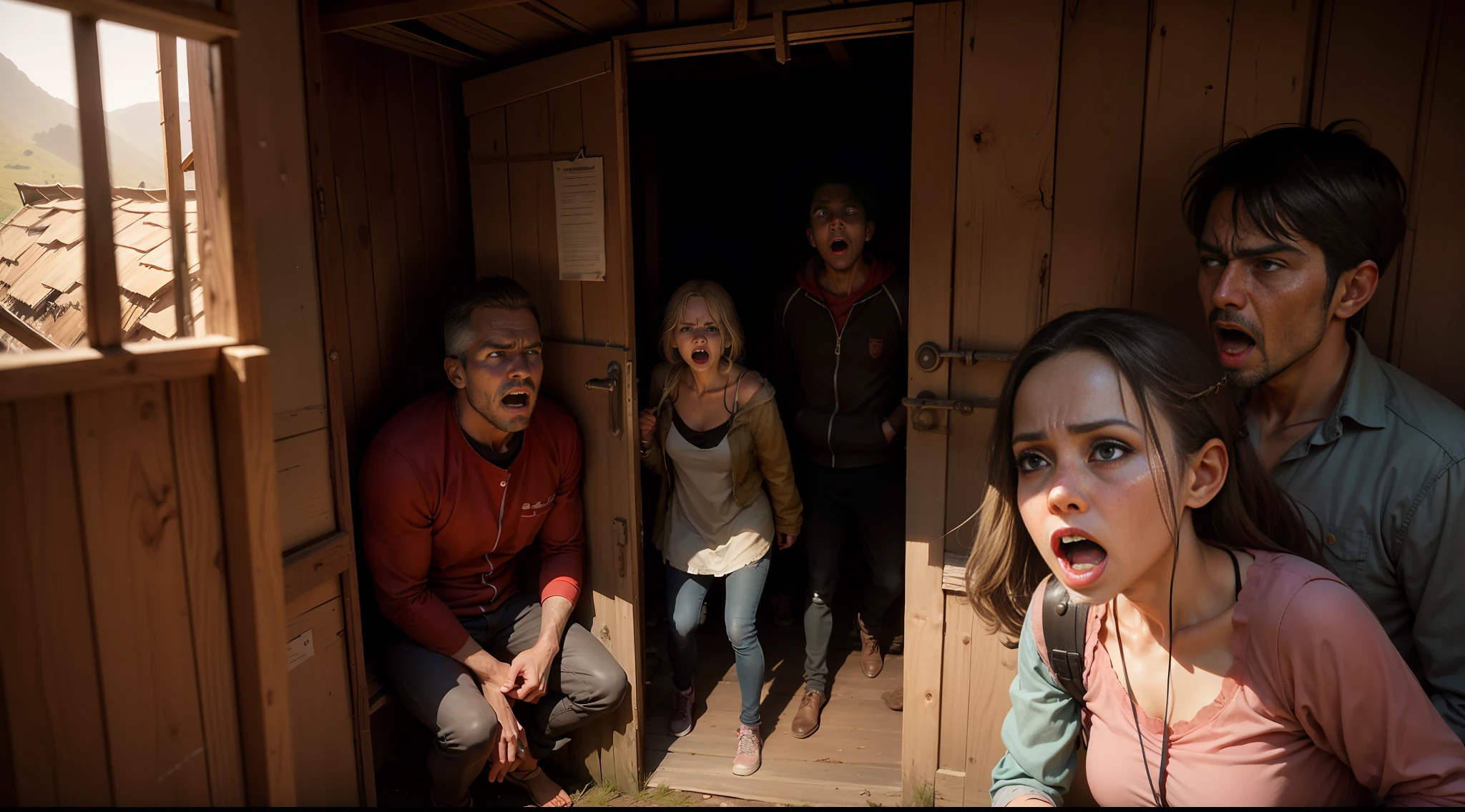 Three men and two women with fearful looks of horror on their faces were at night in a hut