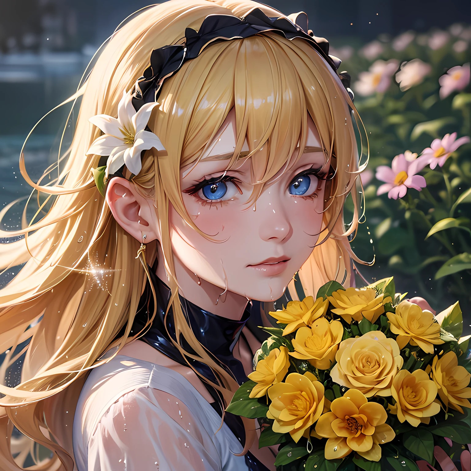 textured skin, masterpiece, best quality, (cinematic lighting), sparkle, (wet eyes), woman holding bouquet in her hands, hair band, blonde hair, t shirt, river, flower garden