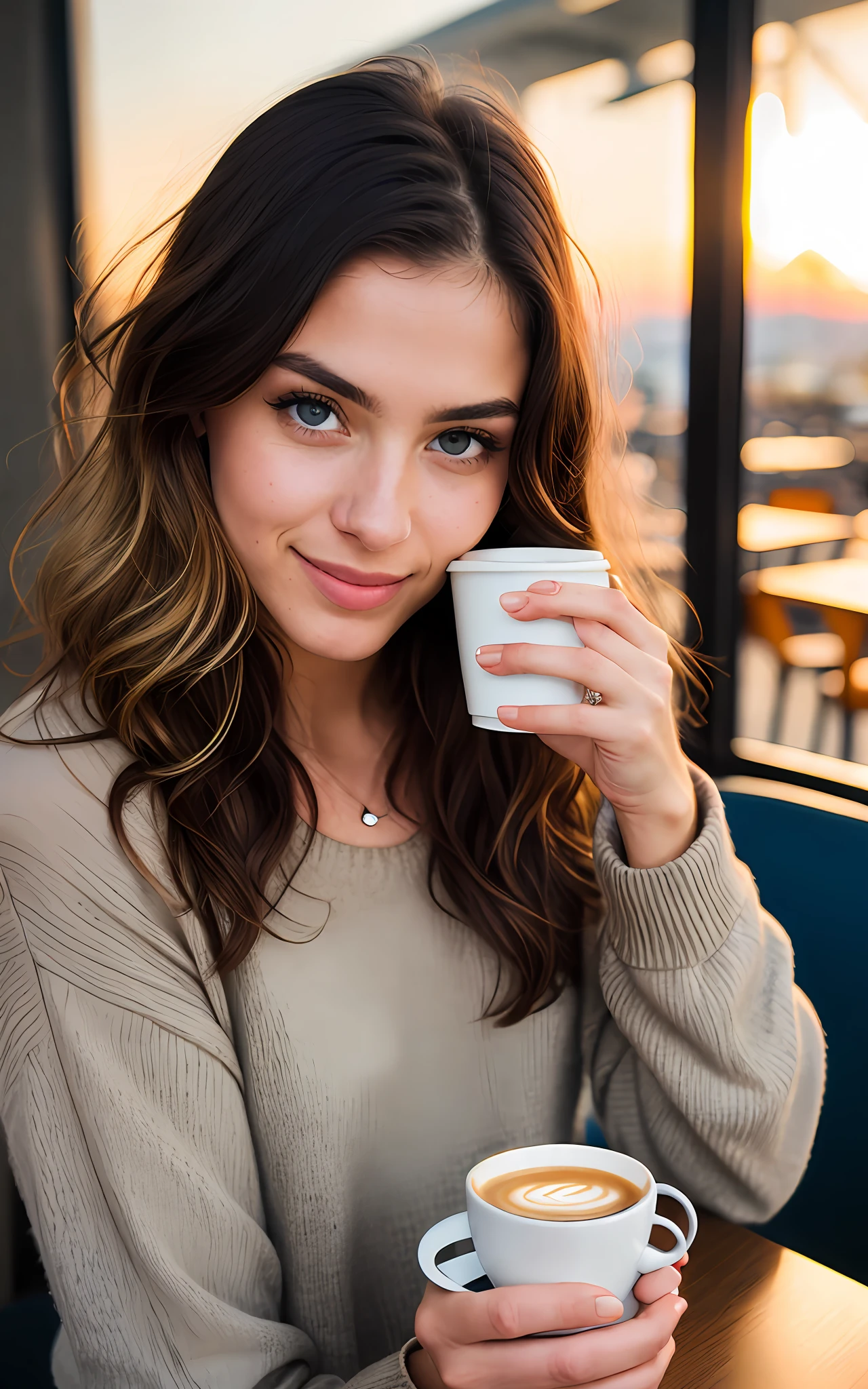 beautiful blonde wearing brown sweater (sipping coffee inside a modern café at sunset), very detailed, 21 years old, innocent face, natural wavy hair, blue eyes, high resolution, masterpiece, best quality, intricate details, highly detailed, sharp focus, detailed skin, realistic skin texture, texture, detailed eyes, professional, 4k, charming smile, shot on Canon, 85mm, shallow depth of field, kodak vision color, perfect fit body, extremely detailed, foto_\(ultra\), photorealistic, realistic, post-processing, maximum detail, roughness, real life, ultra realistic, photorealism, photography, 8k uhd, photography