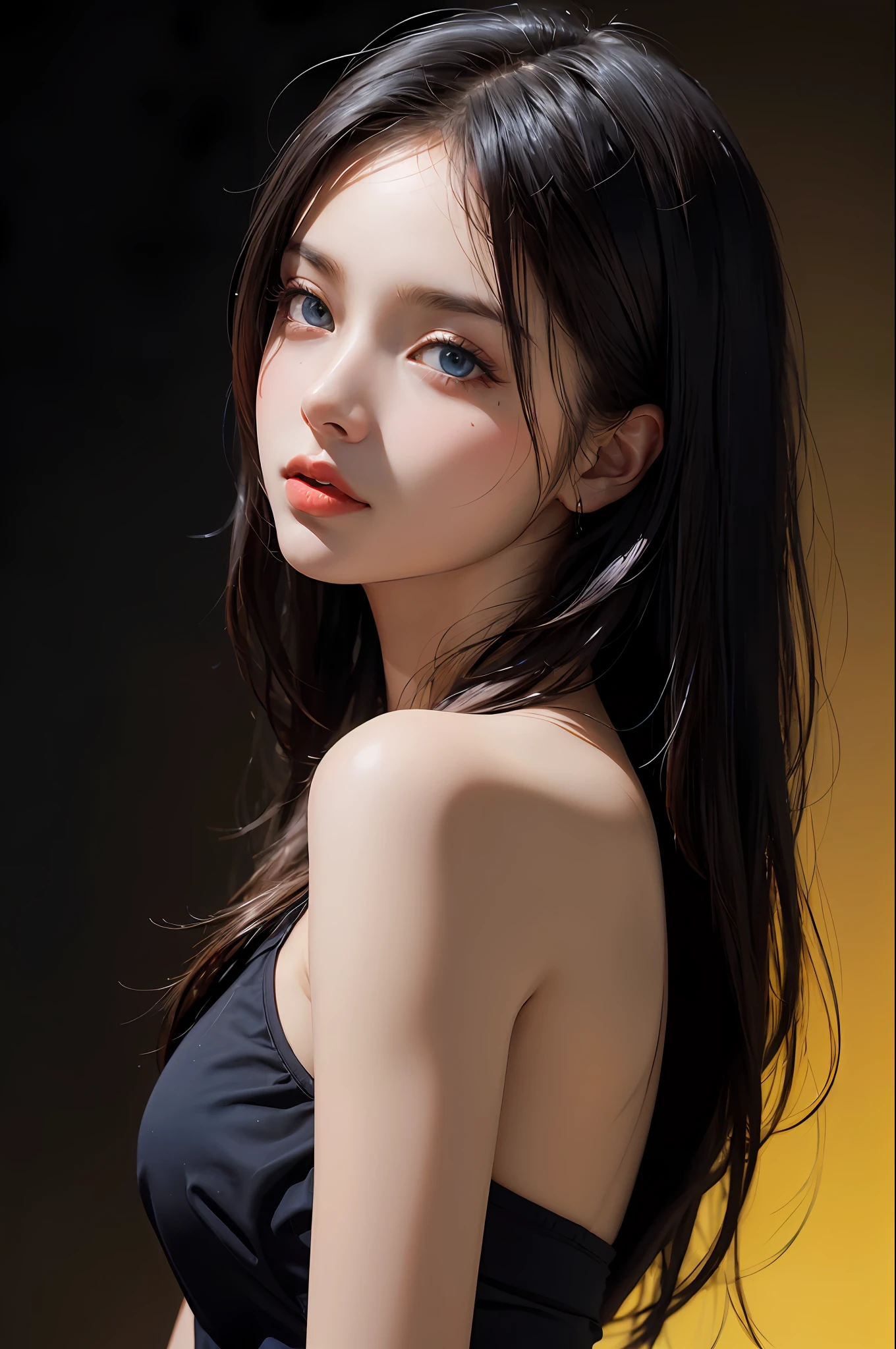 a woman of 20 years, long hair, blue eyes, dark theme, soft tones, soft colors, high contrast, (natural skin texture, hyperrealism, soft light, sharp), yellow background, simple background,