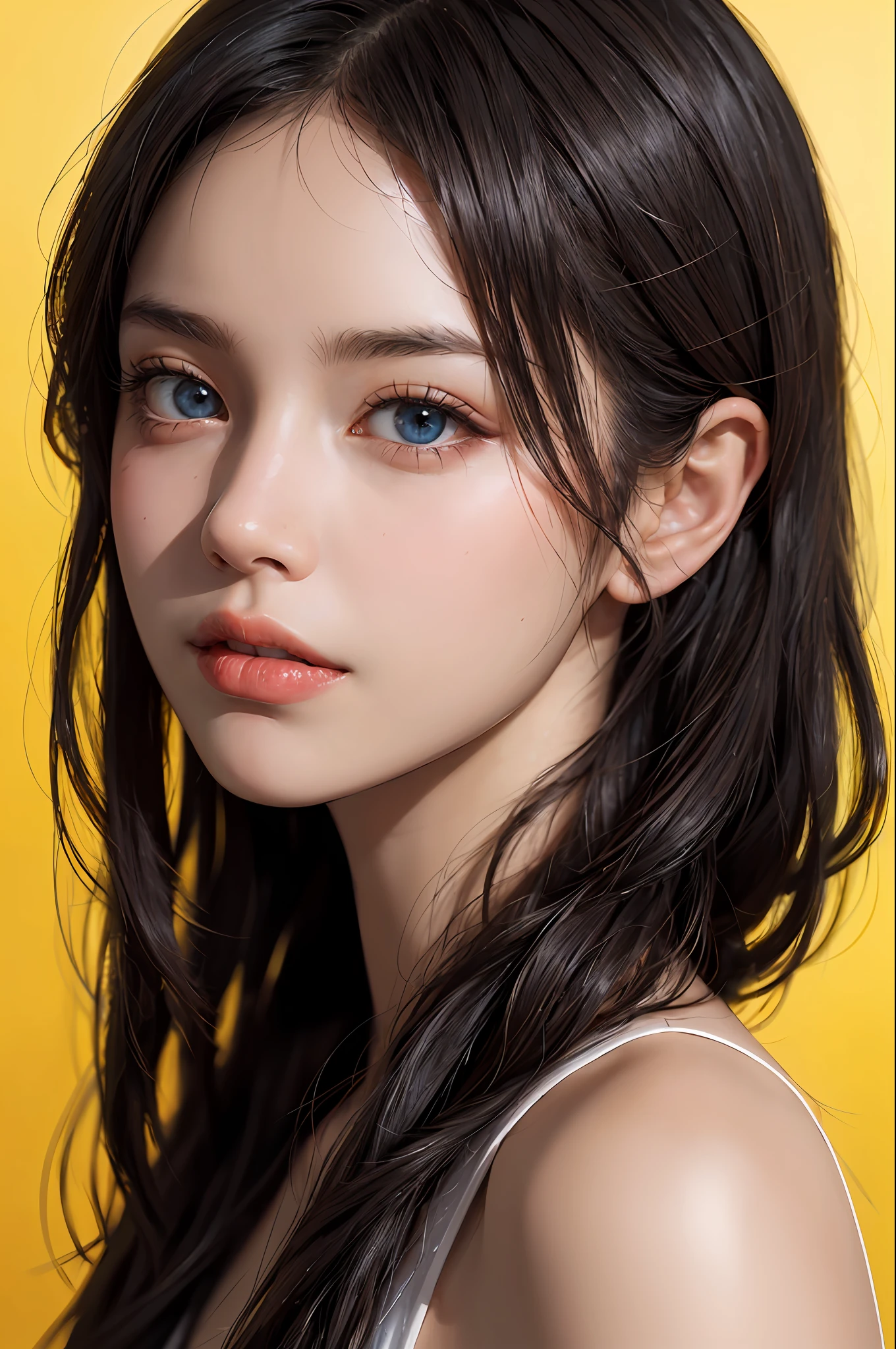 a woman of 20 years, long hair, blue eyes, dark theme, soft tones, soft colors, high contrast, (natural skin texture, hyperrealism, soft light, sharp), yellow background, simple background,