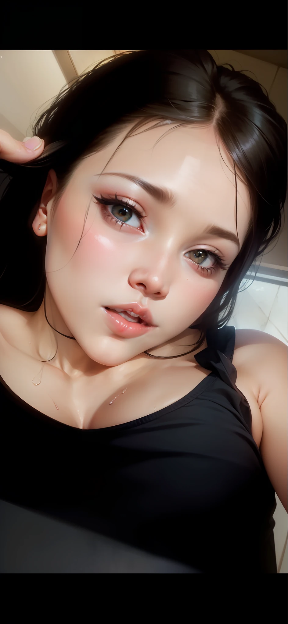 Pubic area showing, deep neck, boobes showing , no bra , wet body