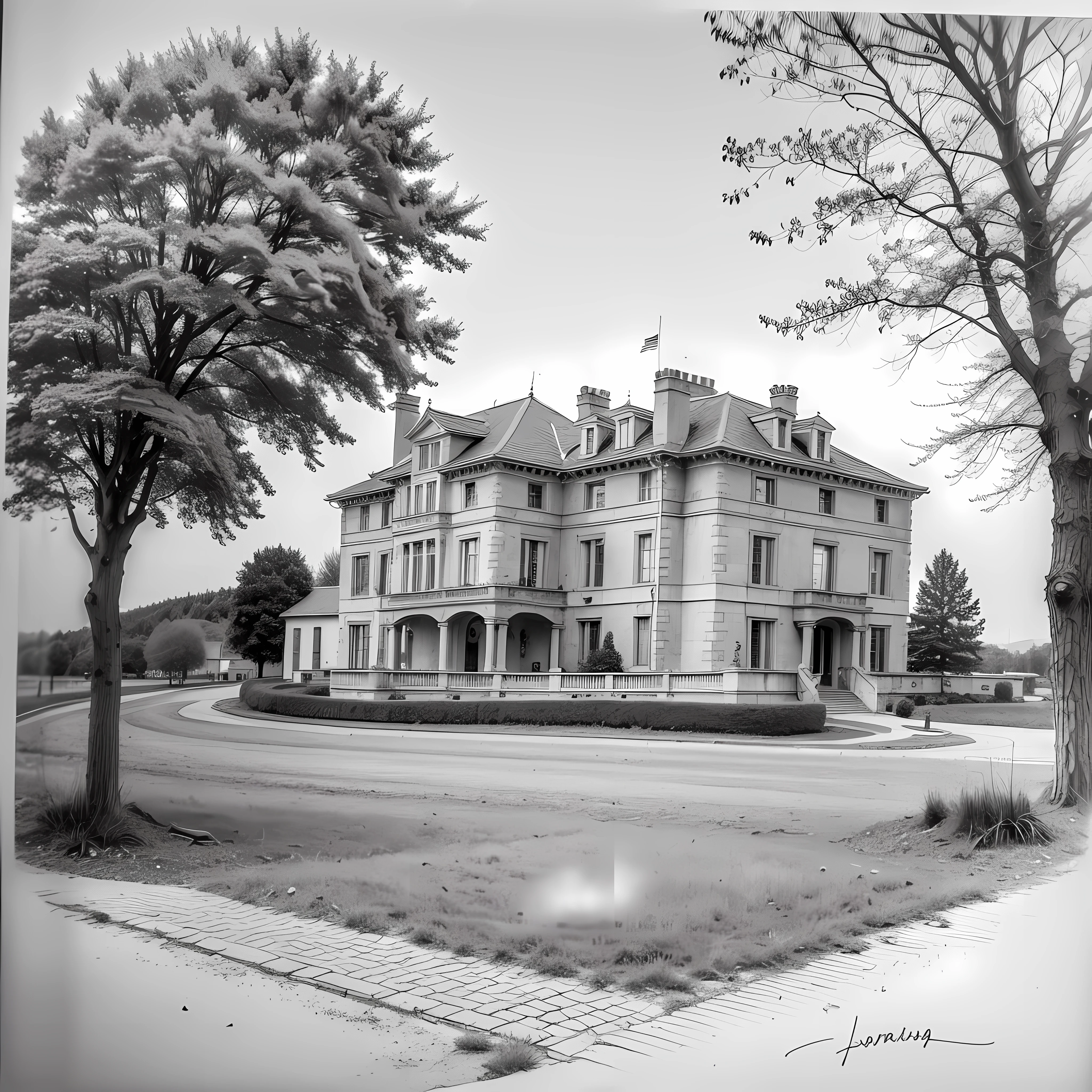 engraving, house, vineyard, chateau, winery, poplar near the house, hand drawing, pencil drawing, shukezouma
