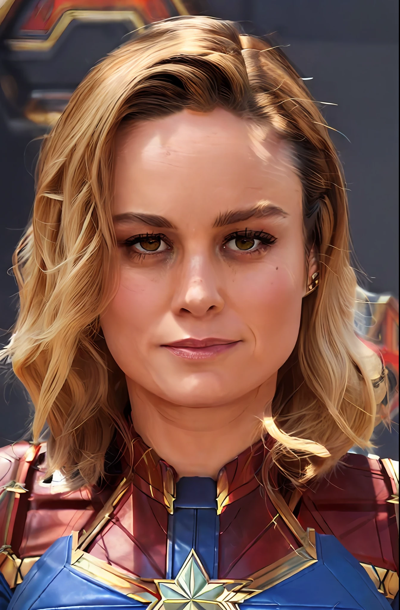 brie larson, medium hair, full body portrait, wearing captain marvel outfit, sexy, cleavage, breasts showing