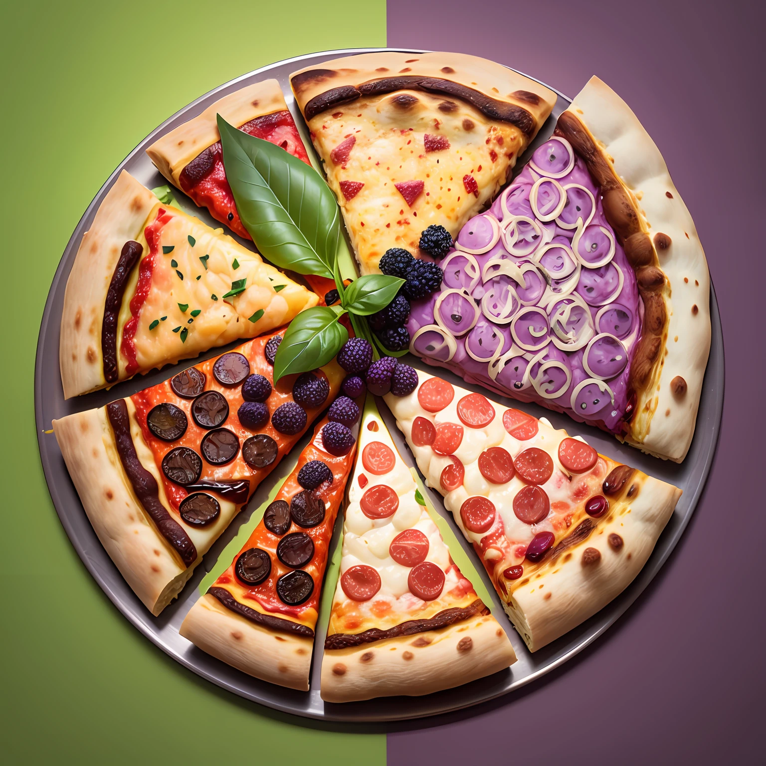 Logo description for a small Italian pizzeria in purple-green colors:

Color palette:
- Purple: A deep and saturated shade of purple is used, giving the logo an elegant and luxurious feel. This can be a shade of amethyst or royal purple.
- Green: A fresh and vibrant green color is used, symbolizing freshness and naturalness. The shade of green can be lime green, light green, or juicy apple green.

Description:
The logo features a harmonious combination of purple and green elements, capturing the Italian atmosphere and evoking associations with pizza. In the center of the logo, there may be an image of a round pizza with delicious toppings, adorned with fresh herbs and vegetables. The pizza can be stylized in a minimalist manner to emphasize the cleanliness and elegance of the logo.

Purple and green elements can be incorporated as lines, outlines, or shapes styled in Italian calligraphy or typical Italian ornaments. For example, a swirling purple line can wrap around a green oval that contains the image of the pizza.

Font:
For the pizzeria's name, a clean, modern, and readable font can be used. For instance, a font style like "Montserrat" or "Roboto" would suit to create an elegant and professional look.

Summary:
A purple-green logo for an Italian pizzeria combines a deep purple color to convey luxury and elegance with a bright green color symbolizing freshness and naturalness. The logo may include an image of a pizza and incorporate elements of Italian calligraphy or ornaments. The font for the pizzeria's name should be readable and elegant.

Parameters:
- Color palette: Purple, green.
- Image: Round pizza with delicious toppings, adorned with fresh herbs and vegetables.
- Style: Minimalistic, with elements of Italian calligraphy or ornaments.
- Font: Clean, modern, and readable font style like "Montserrat" or "Roboto". --auto