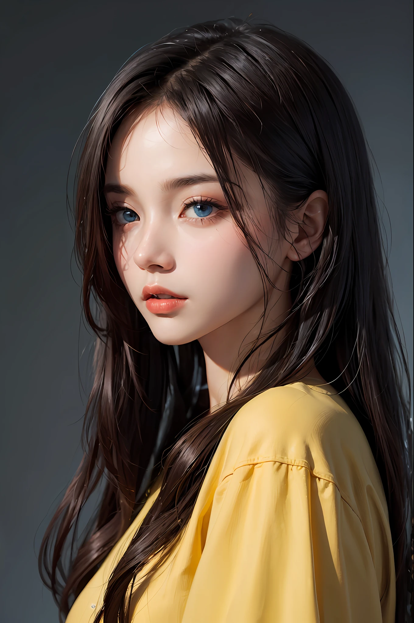 a woman of 20 years, long hair, blue eyes, dark theme, soft tones, soft colors, high contrast, (natural skin texture, hyperrealism, soft light, sharp), yellow background, simple background,