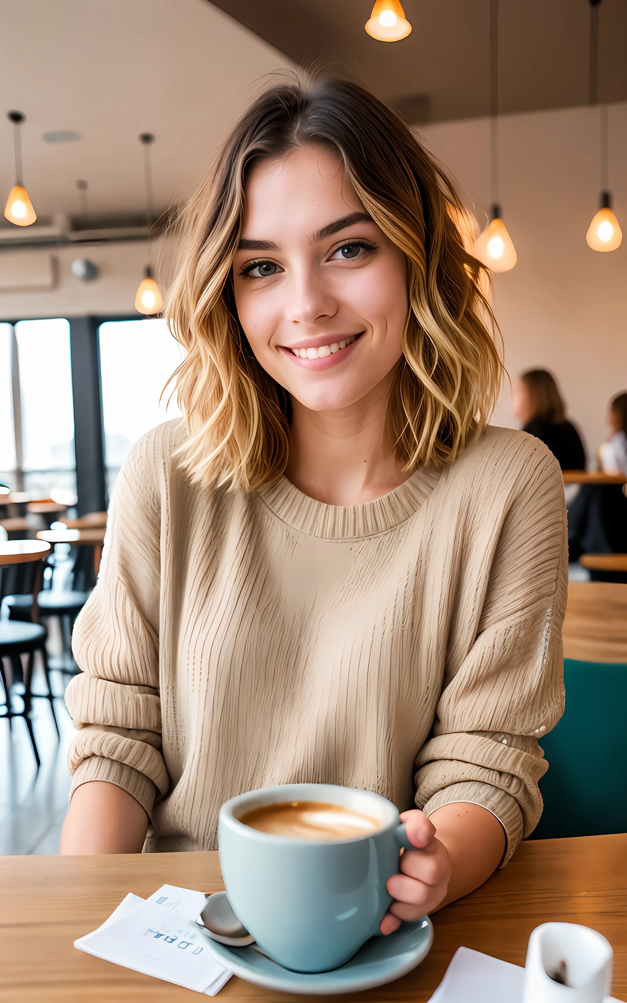 beautiful blonde wearing beige sweater (sipping coffee inside a modern café at sunset), very detailed, 21 years old, innocent face, natural wavy hair, blue eyes, high resolution, masterpiece, best quality, intricate details, highly detailed, sharp focus, detailed skin, realistic skin texture, texture, detailed eyes, professional, 4k, charming smile, shot on Canon, 85mm, shallow depth of field,  kodak vision color, perfect fit body, extremely detailed, foto_\(ultra\), photorealistic, realistic, post-processing, maximum detail, roughness, real life, ultra realistic, photorealism, photography, 8k uhd, photography