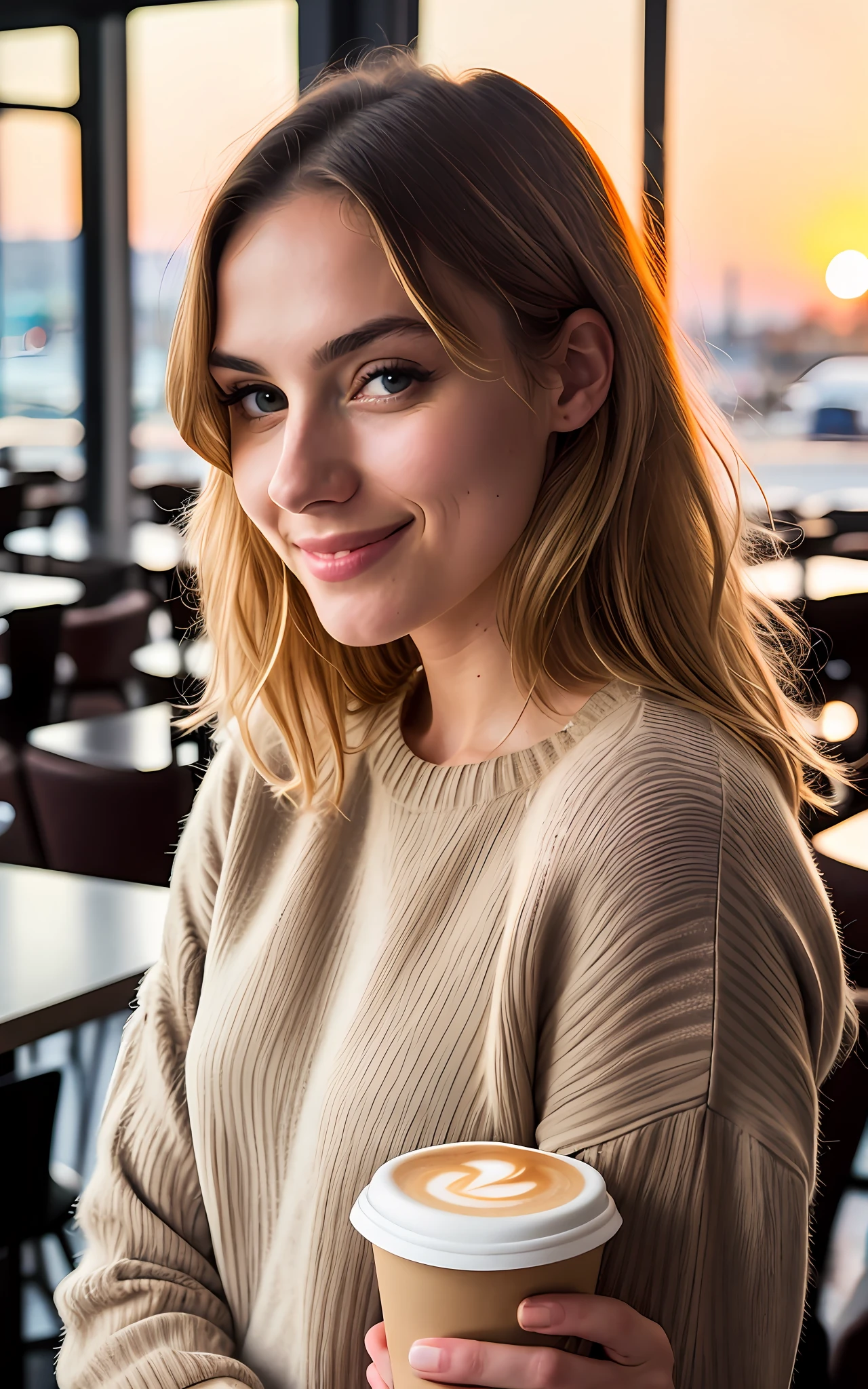 beautiful blonde wearing beige sweater (sipping coffee inside a modern café at sunset), very detailed, 21 years old, innocent face, natural wavy hair, blue eyes, high resolution, masterpiece, best quality, intricate details, highly detailed, sharp focus, detailed skin, realistic skin texture, texture, detailed eyes, professional, 4k, charming smile, shot on Canon, 85mm, shallow depth of field,  kodak vision color, perfect fit body, extremely detailed, foto_\(ultra\), photorealistic, realistic, post-processing, maximum detail, roughness, real life, ultra realistic, photorealism, photography, 8k uhd, photography