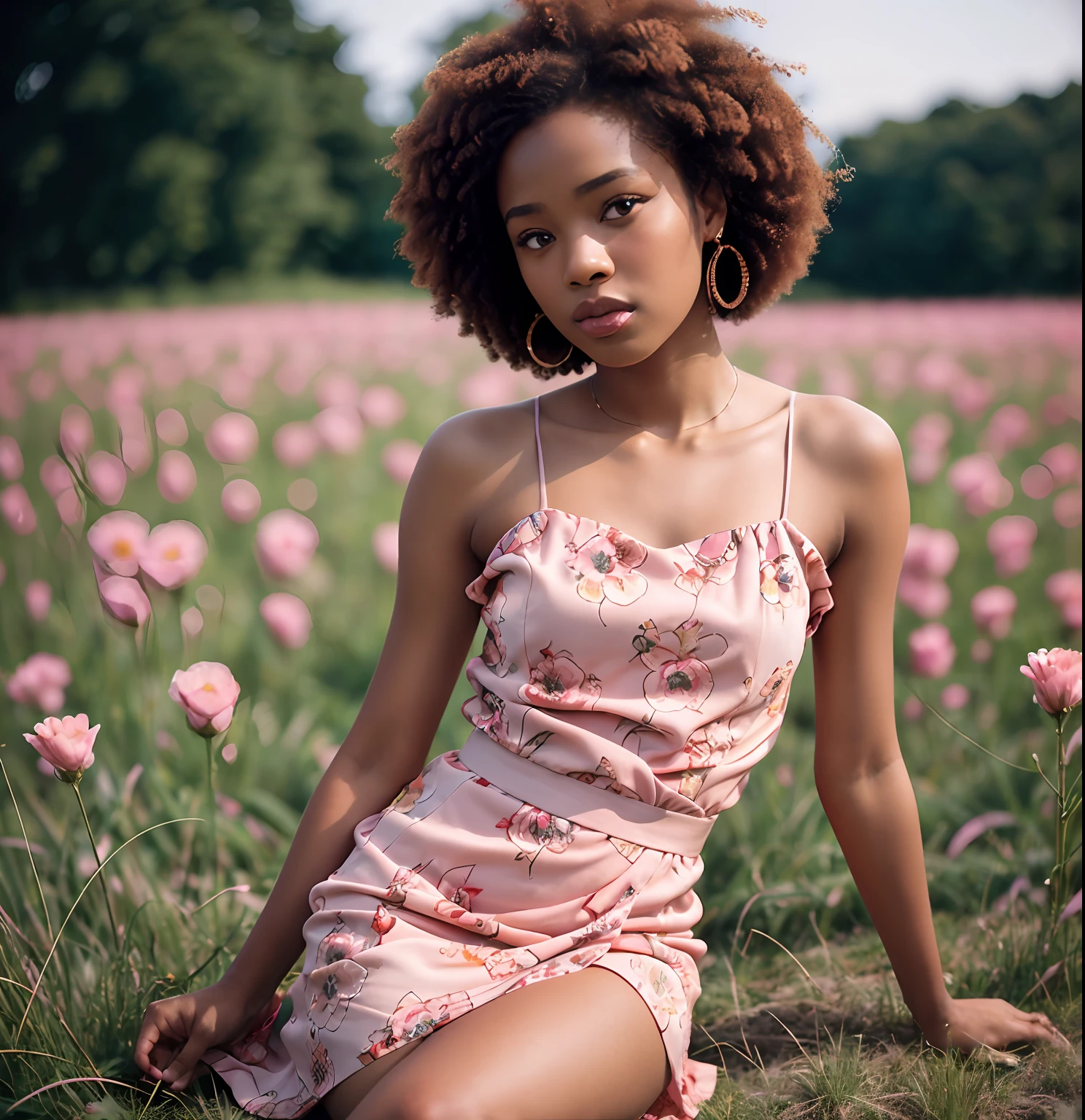 very colorful hyper realistic full torso photograph of a young 24 year old african woman in a flowery silky richly textured short dress with thigh length slit sitting in a field of true pink flowers on a pleasant day subject between the sun and photographer, bright sunny, raw, greatness, indie, and full of magical nature activity, brightly magically lit, shot with professional lenses, panavision motion still, hyper detailed textures, Kodak Portra 400 film, 35 mm lens, with double exposure and long exposure techniques, light leaks, retro vibes, afro-creative — David Fincher, Emmanuel Lubezki, Gordon Parks, Daido Moriyama, Akinbode Akinbiyi, Hasselblad