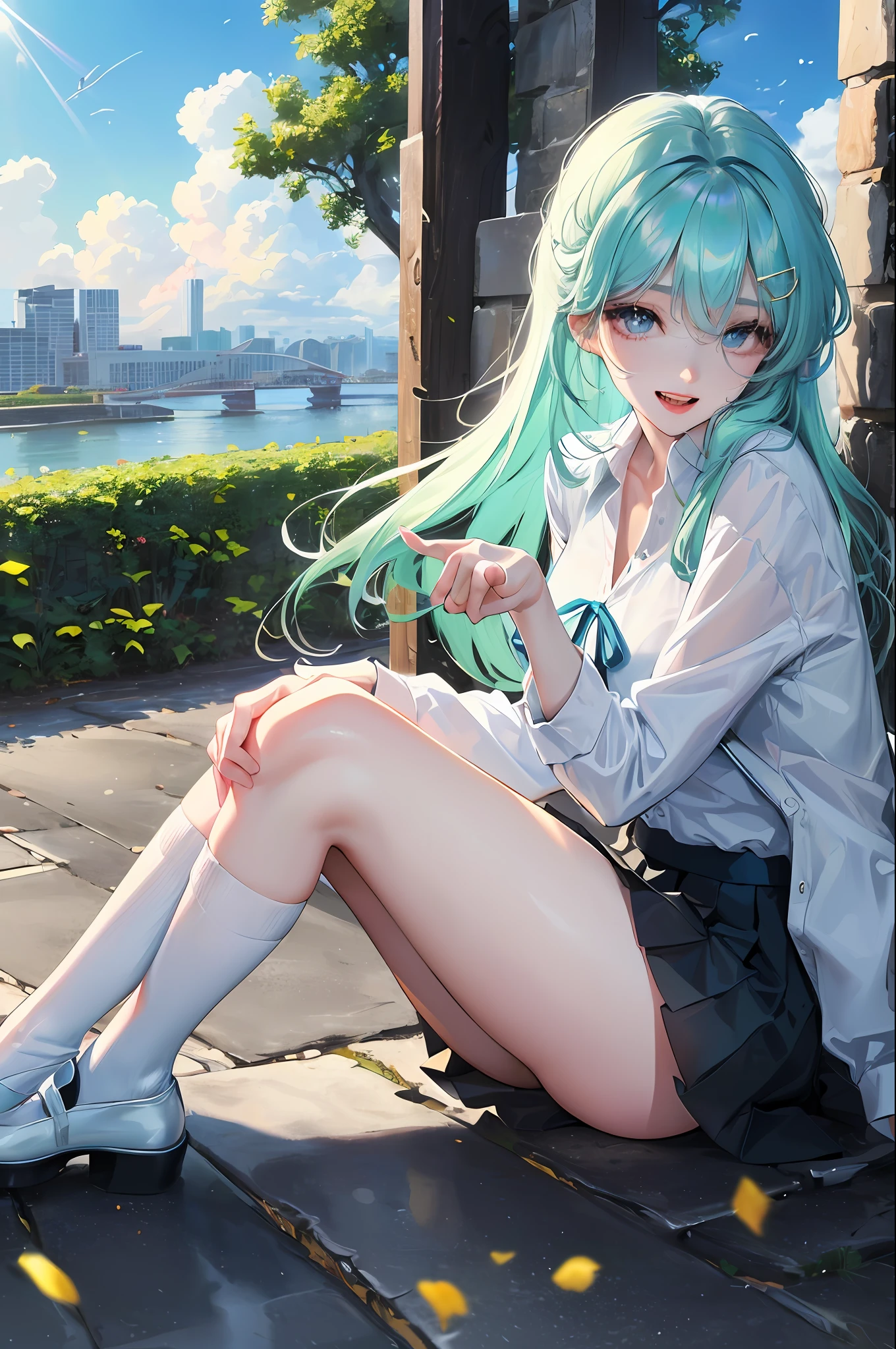1 Girl,Solo,Official Art, Masterpiece, Sharp Focus, (Beautiful Gorgeous Cute Korean Woman:1.3), (Beautiful Cute Korean Woman:1.3), Korean Beauty, Delicate Beautiful Hair and Eyes and Face, Realistic, Ultra Detailed, Beautiful Girl, Blue Sky, Glow White Particles, (Side Light:1.2), Sunshine, White Clouds, Fine Clouds, Slender, Big, Pretty and Big Ass, Showing teeth and laughing, ((laughing with eyes, open both eyes)), scenery, long straight hair, sexy look, building, (cityscape: 1.7), dynamic hair, long straight hair, detailed platinum mint green hair, shining blue eyes, (black pleated shirt + white skirt), white long socks, white skin, hair ornament, magnificent landscape, angel wings