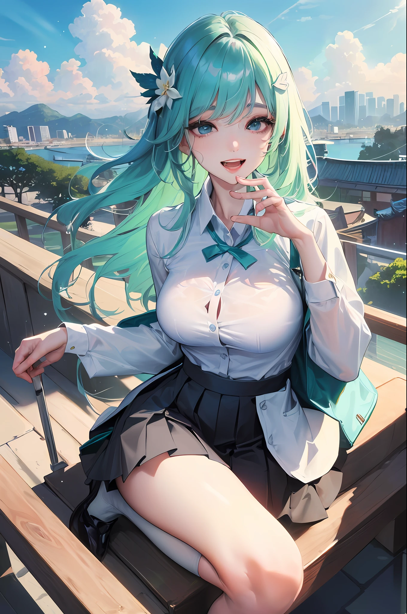1 Girl,Solo,Official Art, Masterpiece, Sharp Focus, (Beautiful Gorgeous Cute Korean Woman:1.3), (Beautiful Cute Korean Woman:1.3), Korean Beauty, Delicate Beautiful Hair and Eyes and Face, Realistic, Ultra Detailed, Beautiful Girl, Blue Sky, Glow White Particles, (Side Light:1.2), Sunshine, White Clouds, Fine Clouds, Slender, Big, Pretty and Big Ass, Showing teeth and laughing, ((laughing with eyes, open both eyes)), scenery, long straight hair, sexy look, building, (cityscape: 1.7), dynamic hair, long straight hair, detailed platinum mint green hair, shining blue eyes, (black pleated shirt + white skirt), white long socks, white skin, hair ornament, magnificent landscape, angel wings