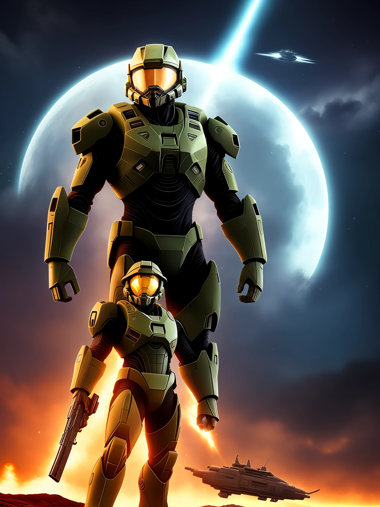 Master Chief holding a gun. The sky is starry. In the background of the image there is a Covenant ship in the sky and explosions happening behind Master Chief.