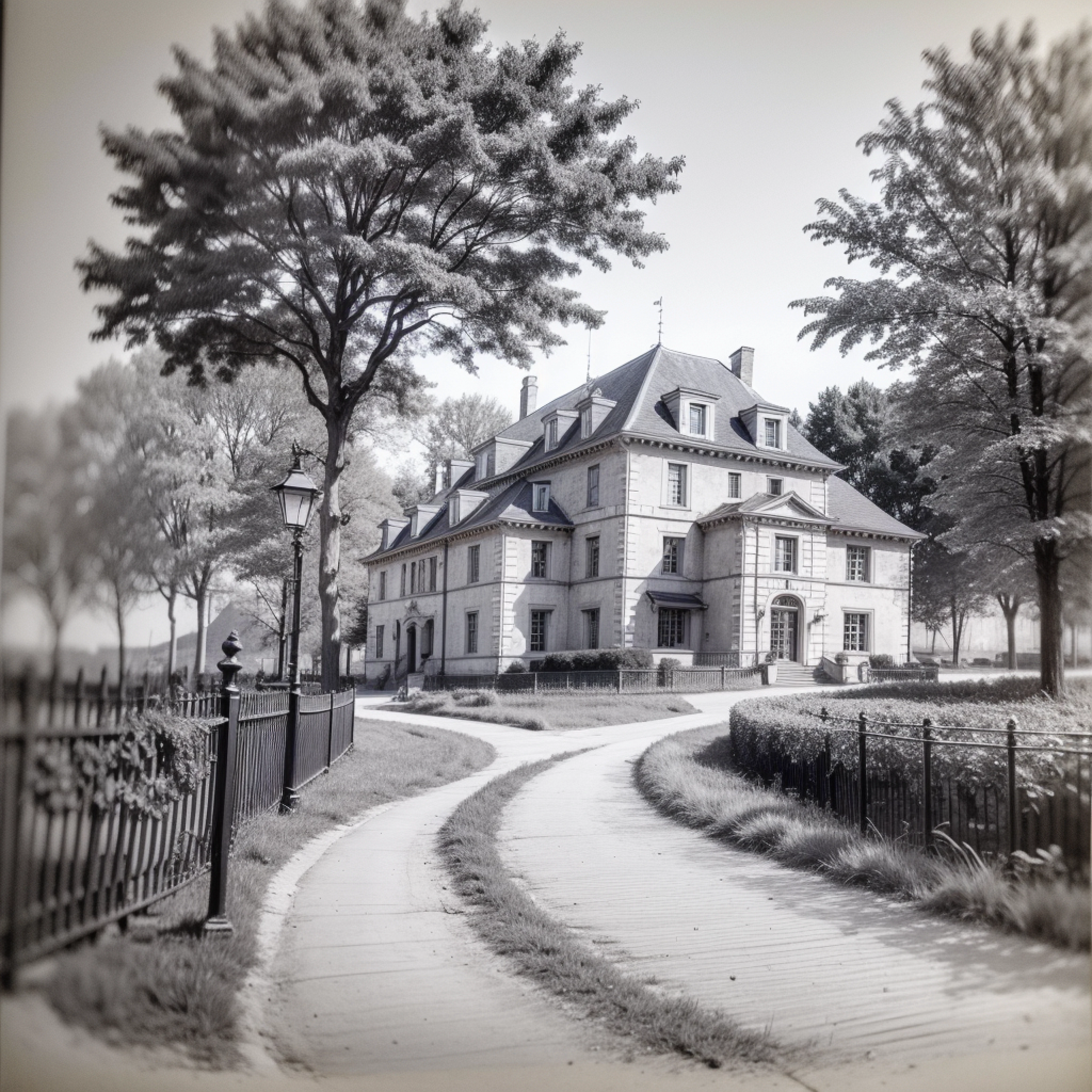 engraving, house, vineyard, chateau, winery, poplar near the house, hand drawing, pencil drawing, shukezouma