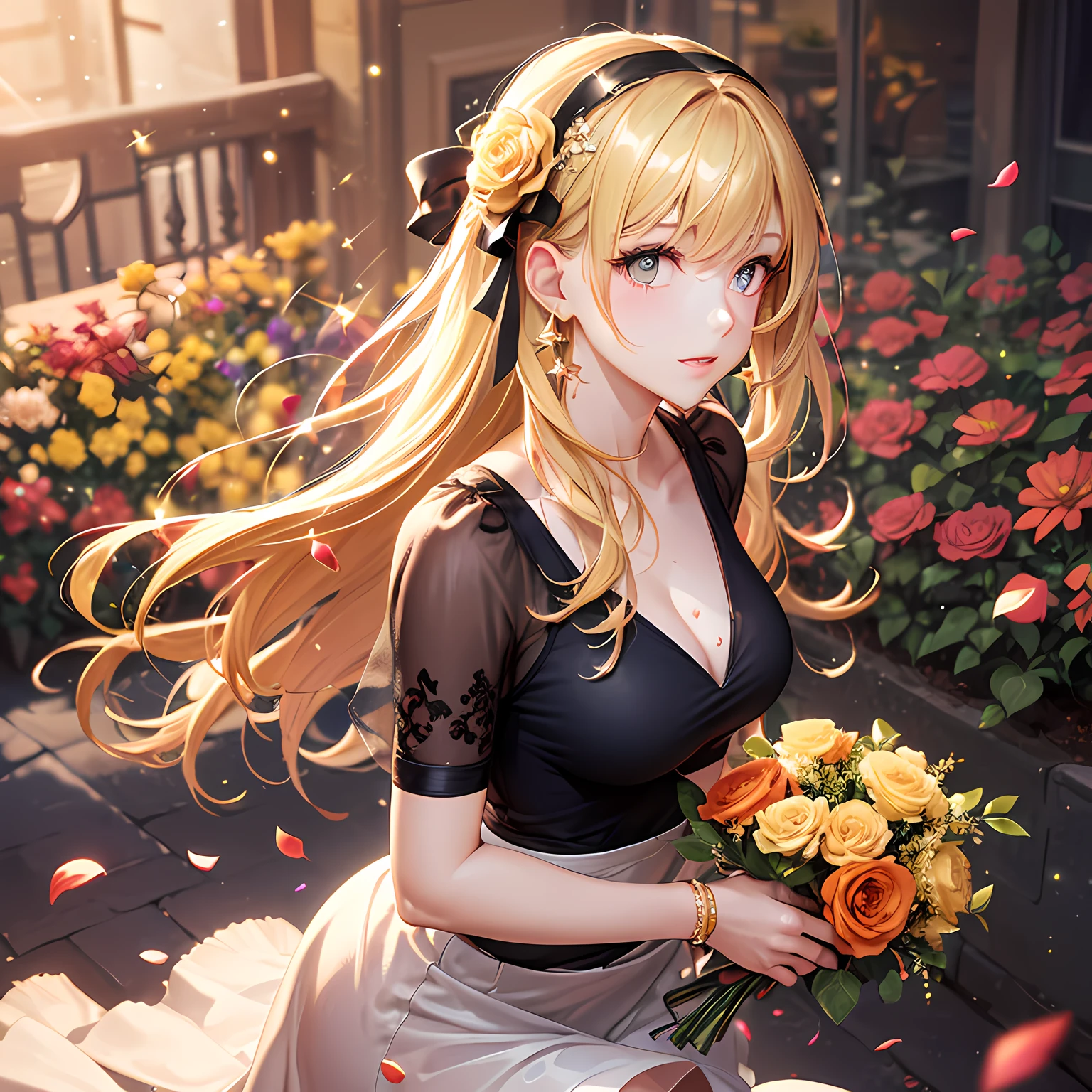 textured skin, masterpiece, best quality, (cinematic lighting), sparkle, (((sparkle eyes)), woman holding bouquet in hand, running, hair band, blonde hair, golden eyes, t shirt, flower garden, petals scattered