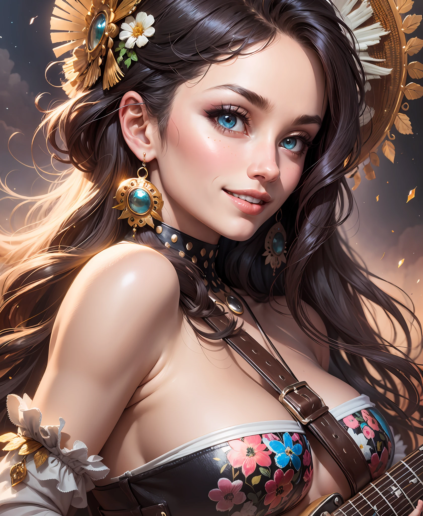 wonderful 1gril beautiful, insane, , fantastic face, ROCK CONCERT environment, ROCKSTAR look, detailed OUTFIT, detailed hair, ultra focus, face illumined, face detailed, 8k resolution, painted, dry brush, brush strokes, razumov style and garmash style Portrait of wonderful woman, boho style, ROCKING outfit, GRUNGE palette, HAIR DOWN, PERFECT EYES, ICONIC smile, the free spirit, the bohemian, EType 4w5, MOON rays, detailed facial features, detailed eyes, minimalism, hasselblad h6d-100c dof.