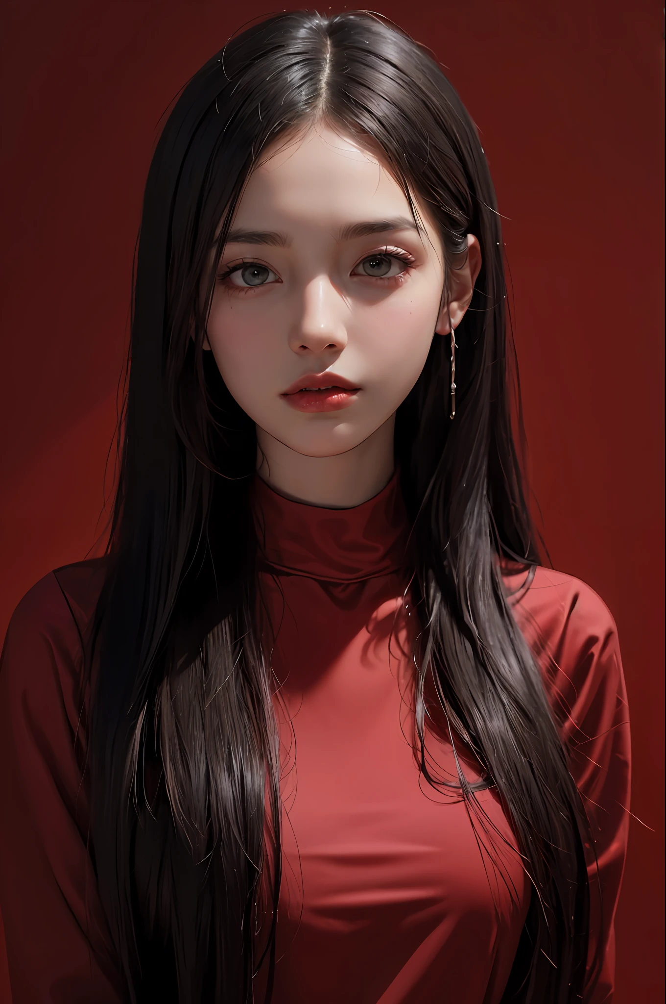 a 20 yo woman,long hair,dark theme, soothing tones, muted colors, high contrast, (natural skin texture, hyperrealism, soft light, sharp),red background,simple background,