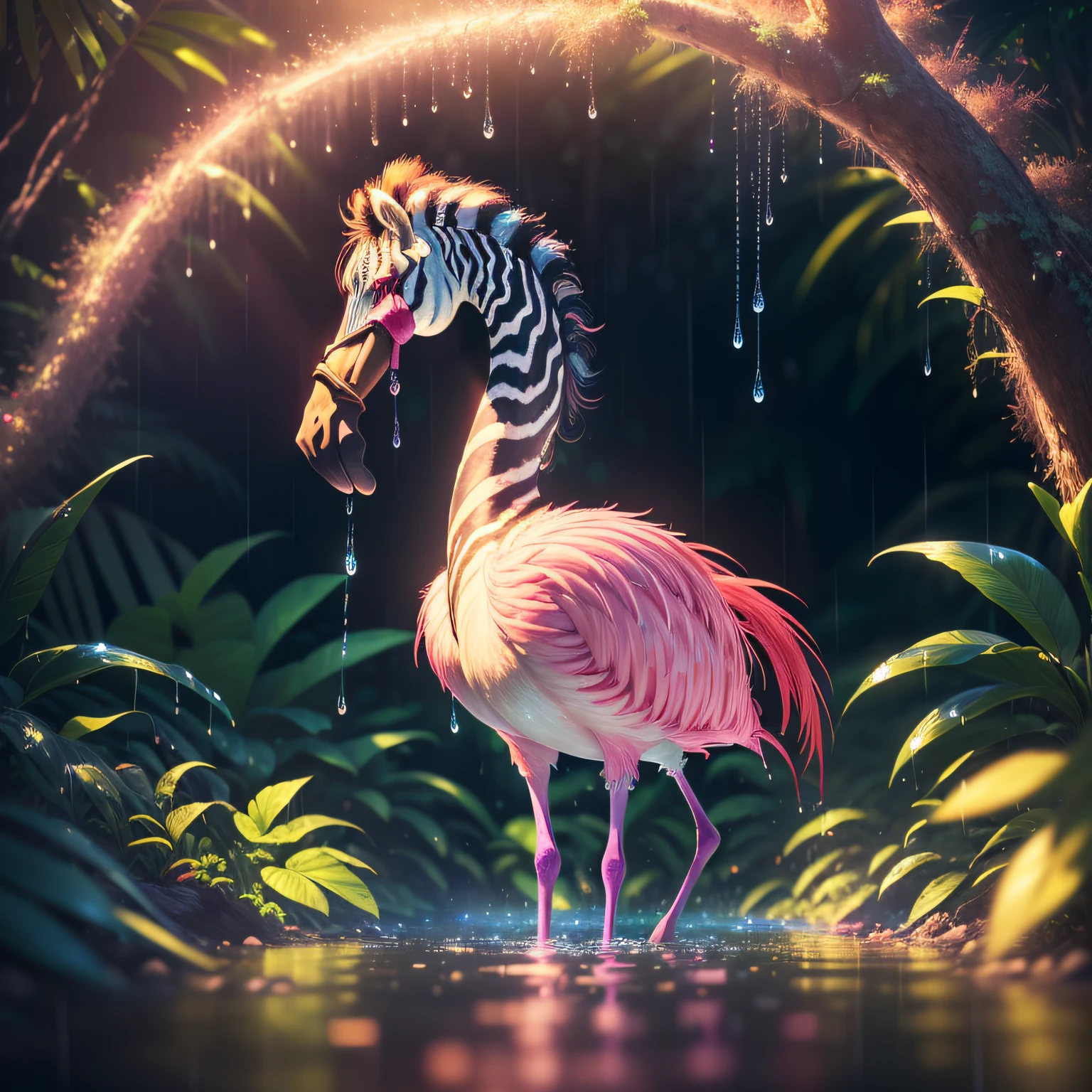 ((best quality)),((masterpiece)), hyper realistic illustration, (((ultra detailed)),, Scene structure: Enchanted forest: Winged zebras and flamingos dancing Hawaiian. Dense tropical forest. Wet rain. Beautiful sunset falling, movie light, cinematic, intricate details. Foliage rich in detail by Pixar, Walt Disney,, award-winning work, chromatic, 8K, motion blur, cinematic lighting, depth of field, reflection light, god rays, glowing light, blending, drop shadow, masterpiece,, high res,, ((intricate)), Neon lights in the background