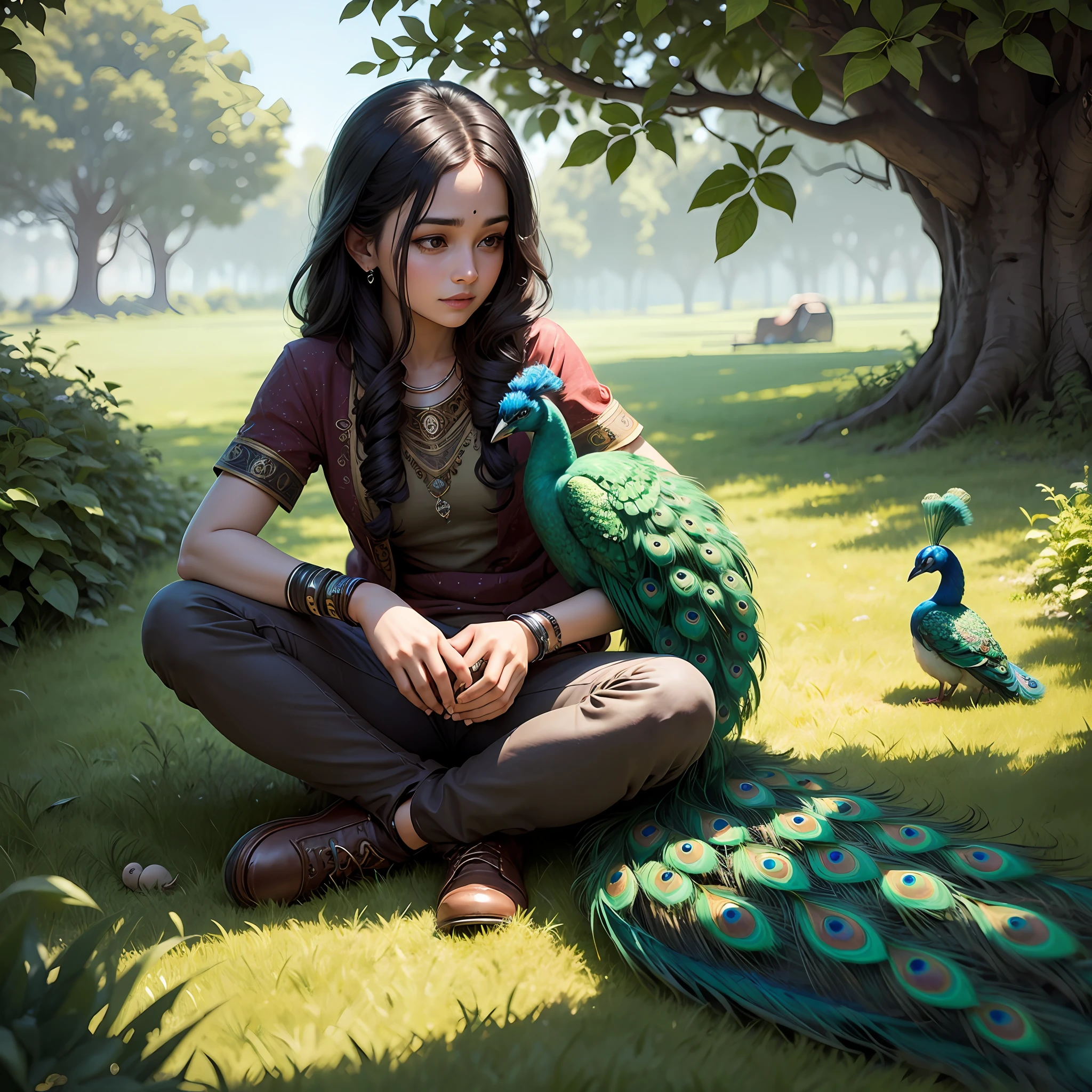 Chil shiv sitting in grass playing with peacock --auto