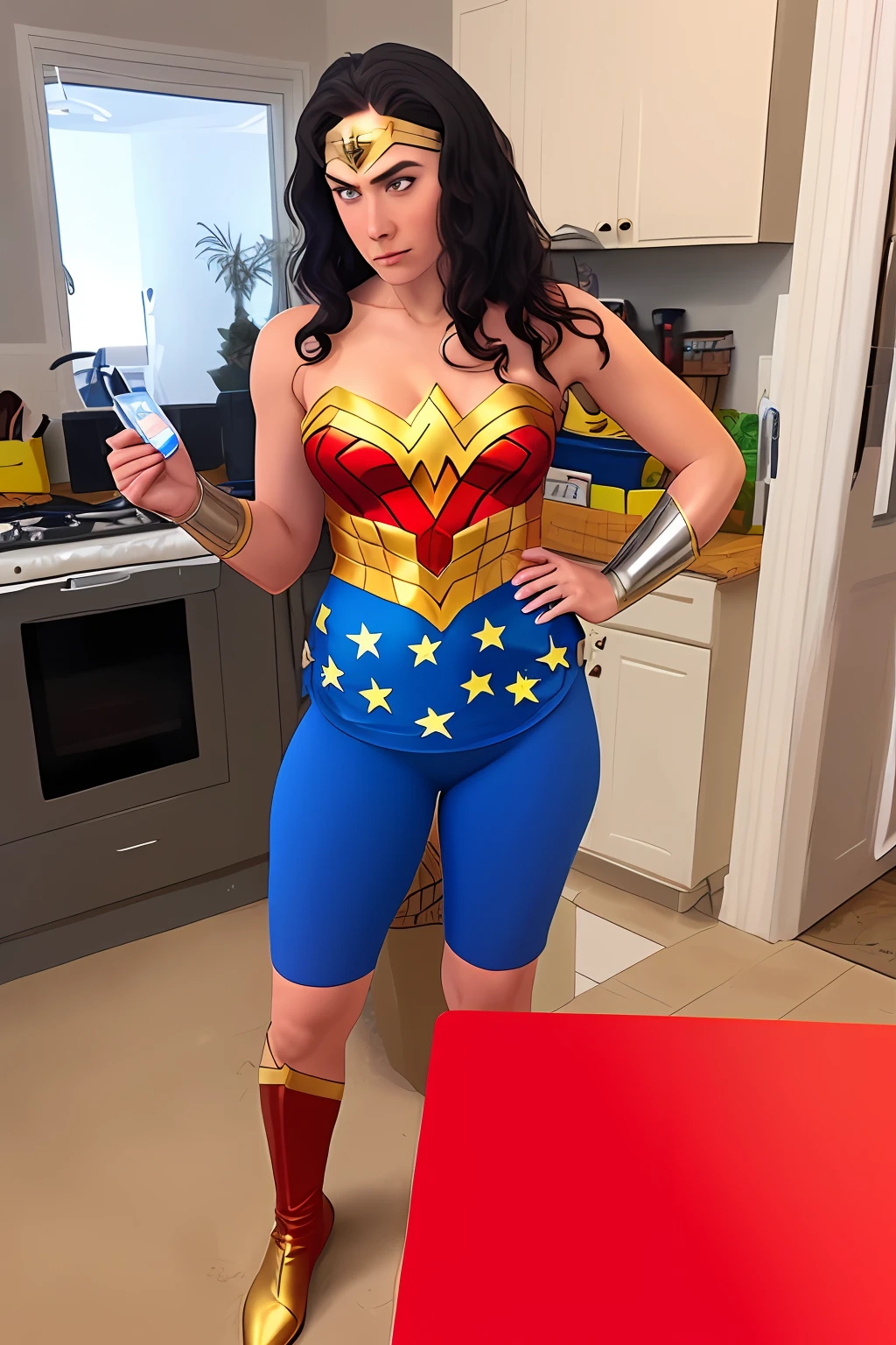 Fat and tired wonder woman after a day's work comes home to take care of the children