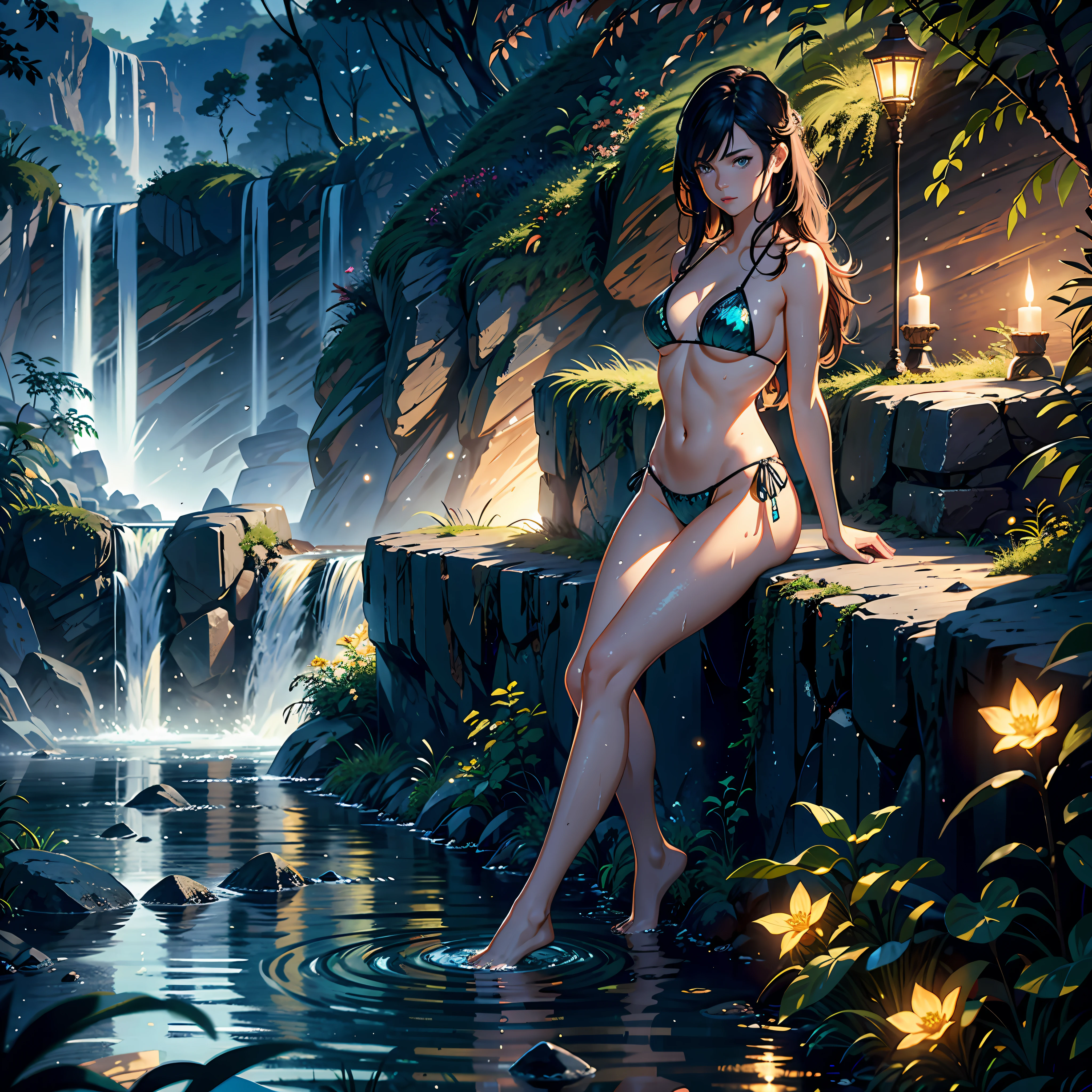 Masterpiece, amazing details, realistic epic, ultra clarity, (intricate details: 1.12), (HDR: 1.4), octane rendering, 3d rendering, cgi, dramatic, bokeh, soft cinematic light, octane rendering, bioluminescent, Shinkai Makoto Fast-flowing waterfalls, mountains, rivers, fireflies, flowers, bright butterflies, stone, stone lillar, fantasy tree, 1girl, long hair, floating hair, sexy slingshot bikini, bath, wet hair, wet skin,  (natural skin texture, hyperrealism, soft light, sharp: 1.2), sexypose,