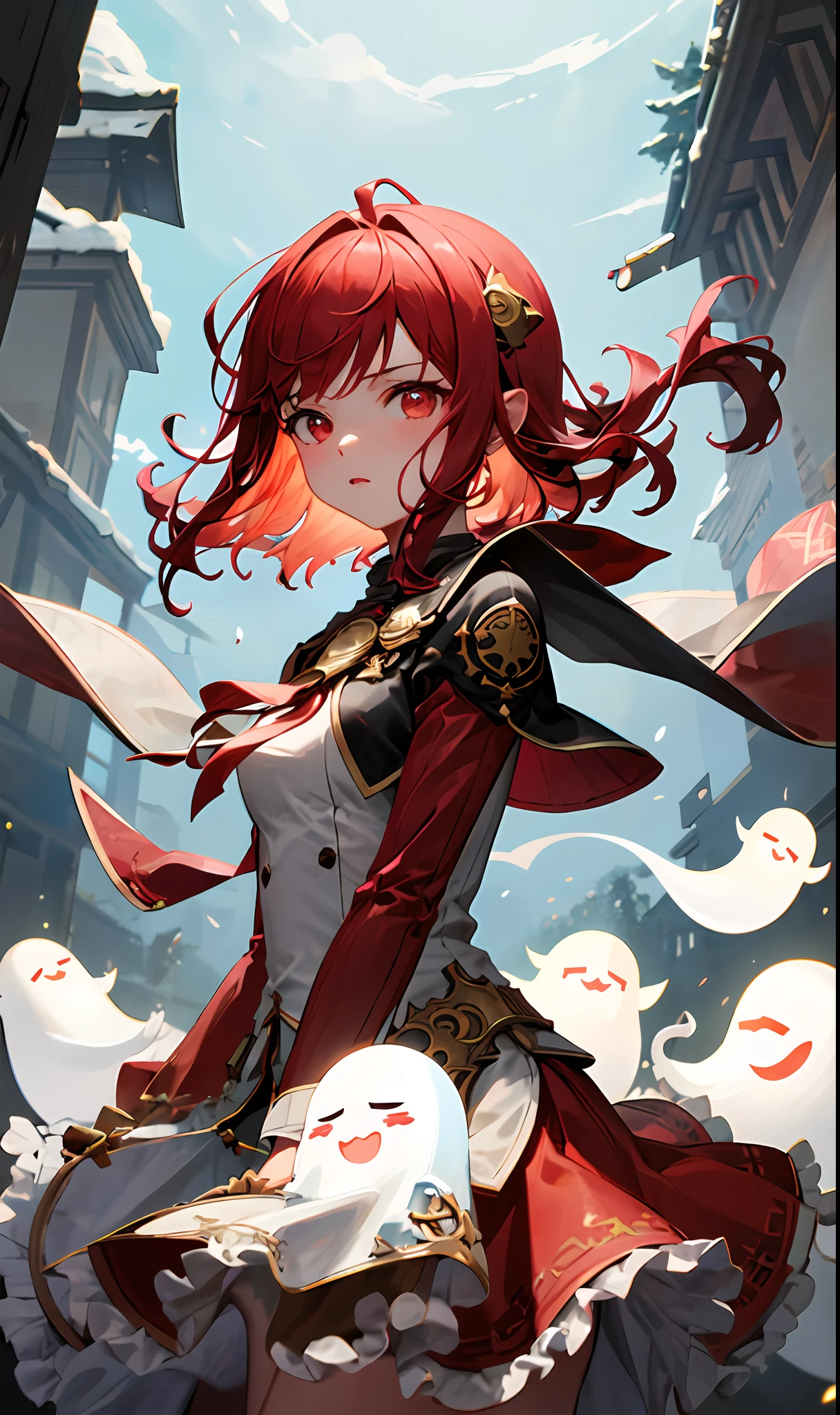 Masterpiece, best quality, 1girl, short hair, frontal, hair blown by the wind, cold eyes, holding apple, bust, background with a lot of inner ghosts, Tyndall effect